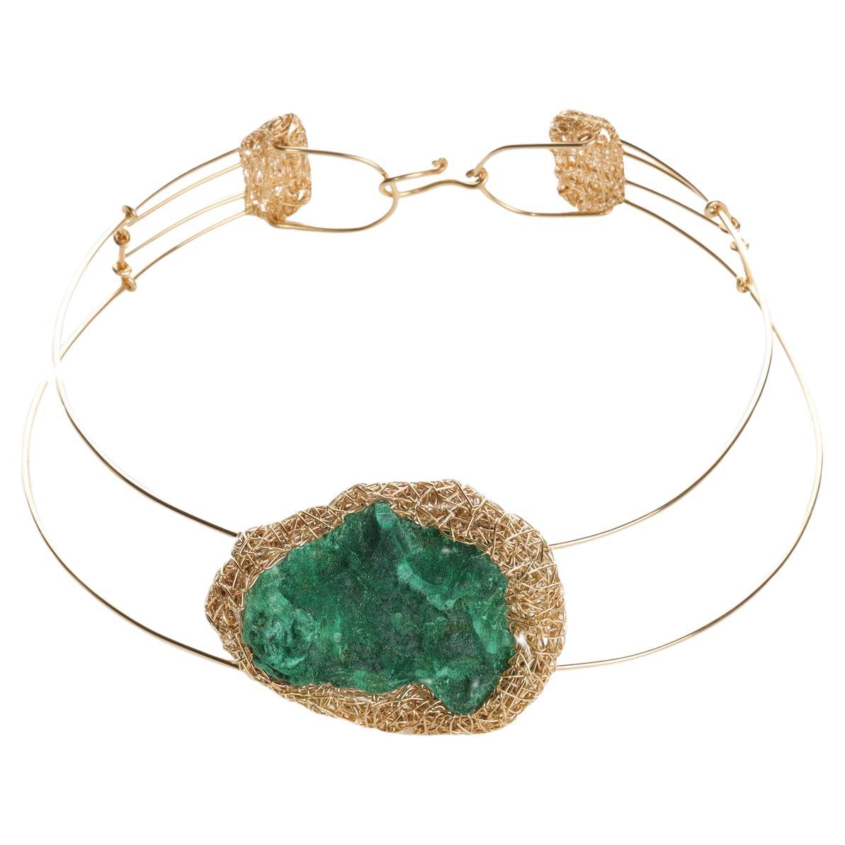 Artist Statement Choker in Raw Malachite 14 kt Yellow Gold F Cocktail Necklace For Sale