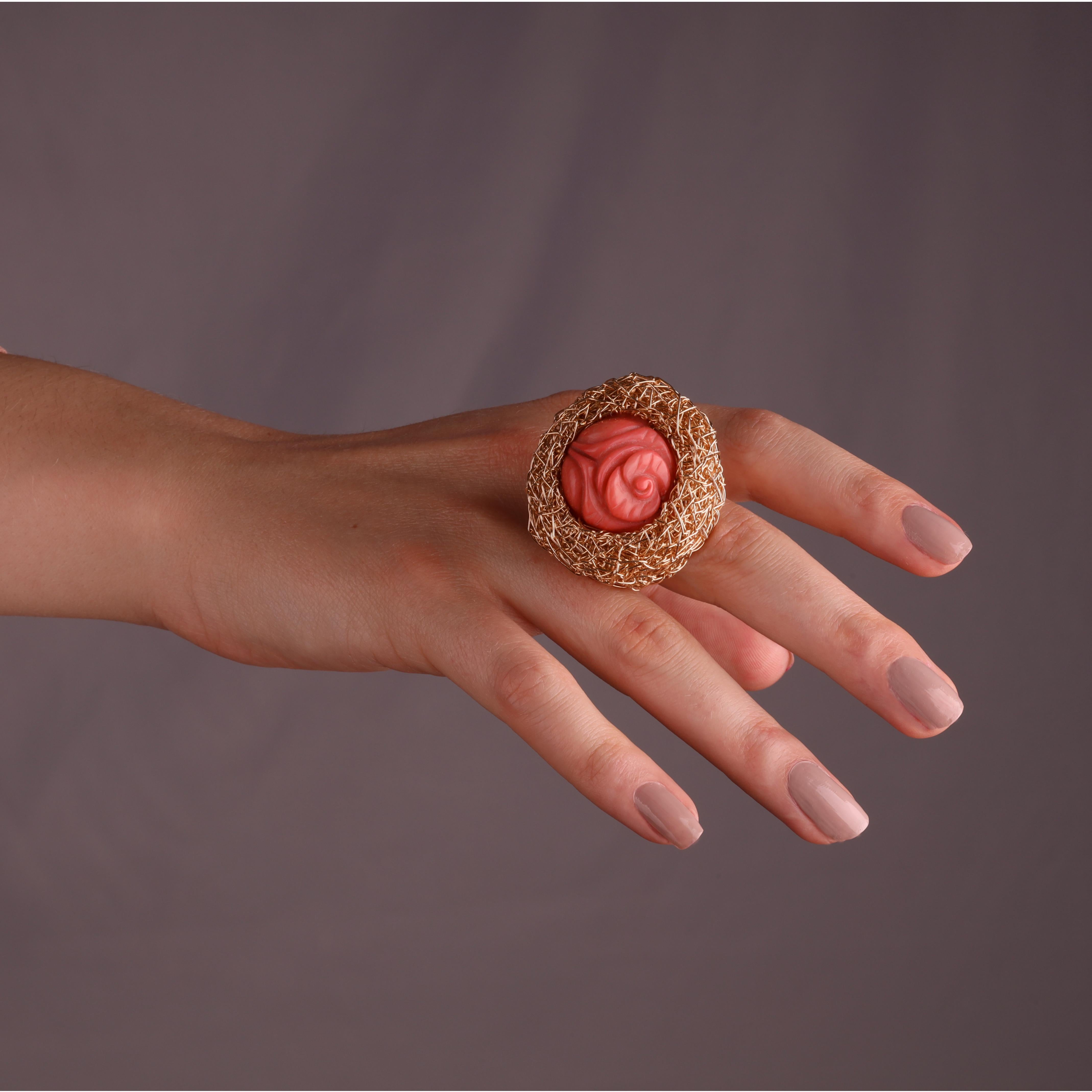 ‘Rosegarden’.... is such a beauty, that comes with a story. A wonderful Cocktail ring, set with a vintage Mediterranean carved Coral. Sheila loves coral but only used vintage pieces as she is a true trooper in protecting our environment and
