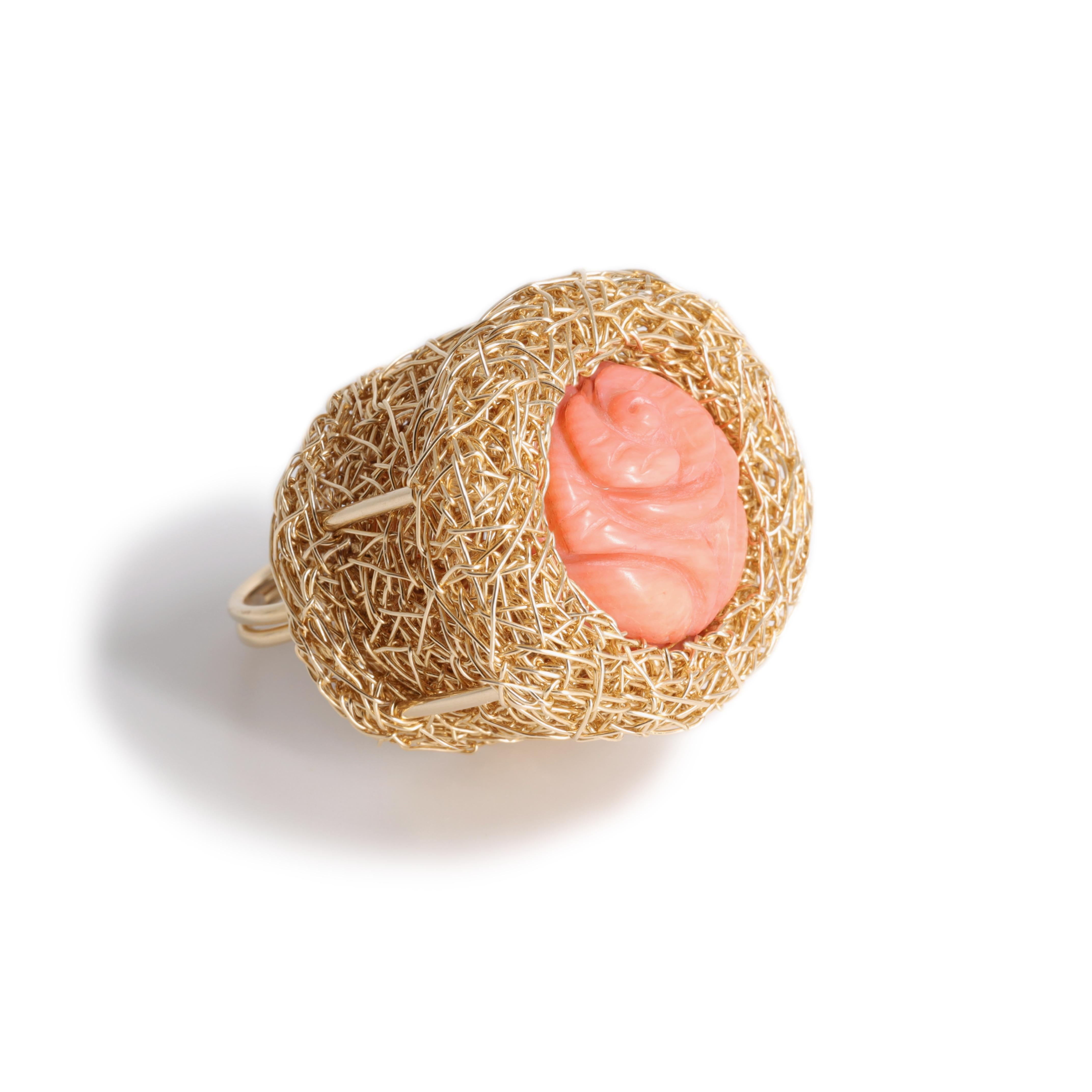 Women's or Men's Artist Statement Coral Basked Jewel in 14k Gold Filled Woven Cocktail Ring