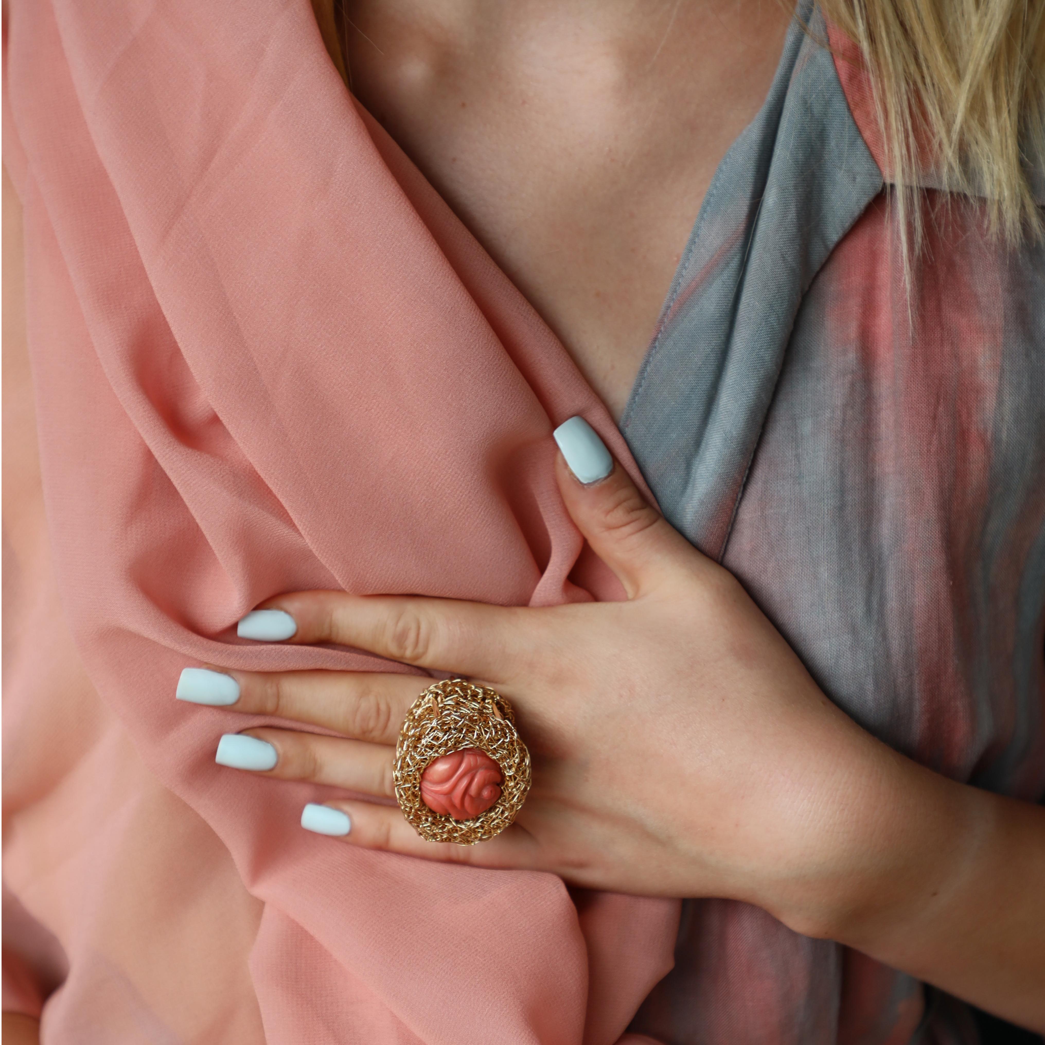 Artist Statement Coral Basked Jewel in 14k Gold Filled Woven Cocktail Ring 1