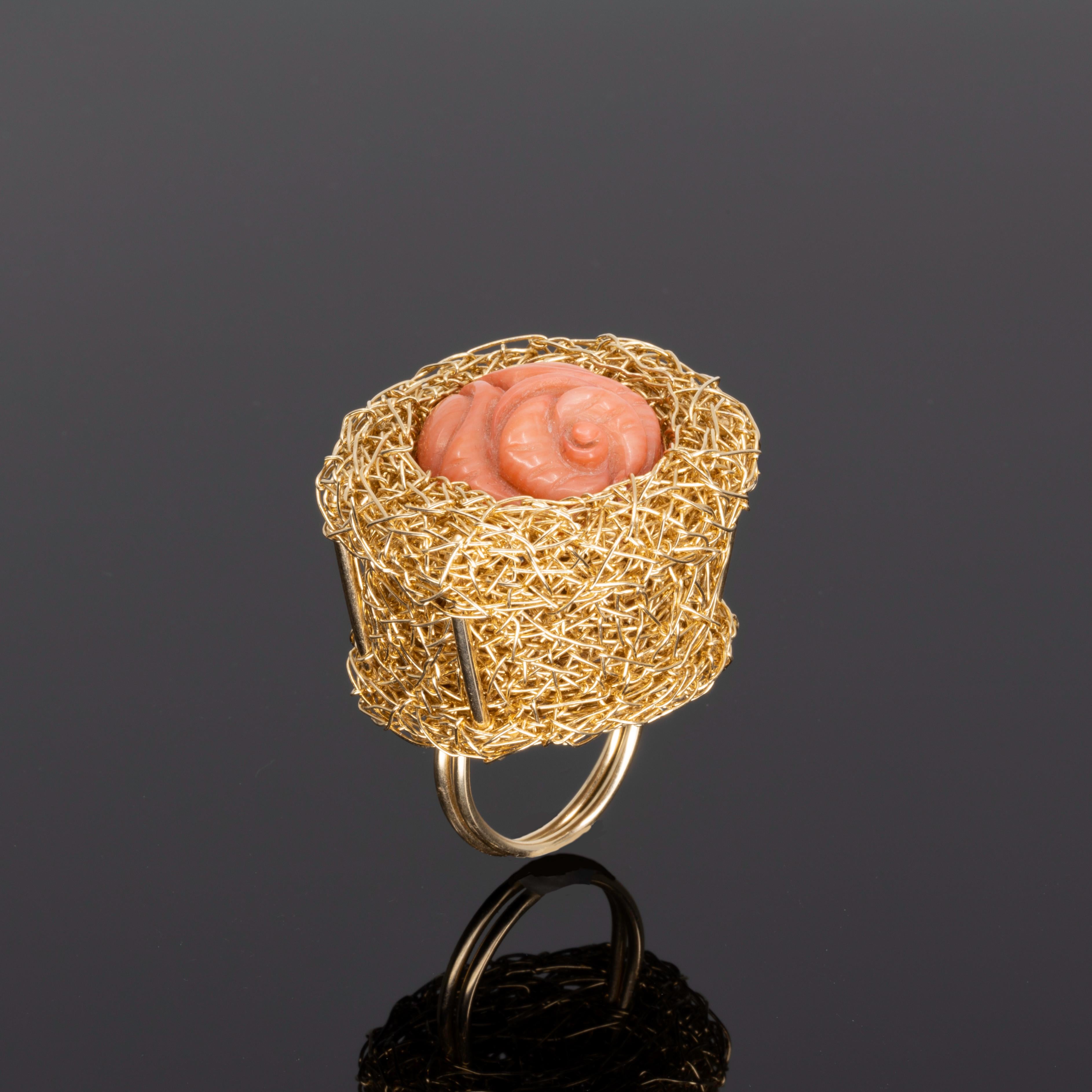 Artist Statement Coral Basked Jewel in 14k Gold Filled Woven Cocktail Ring 3