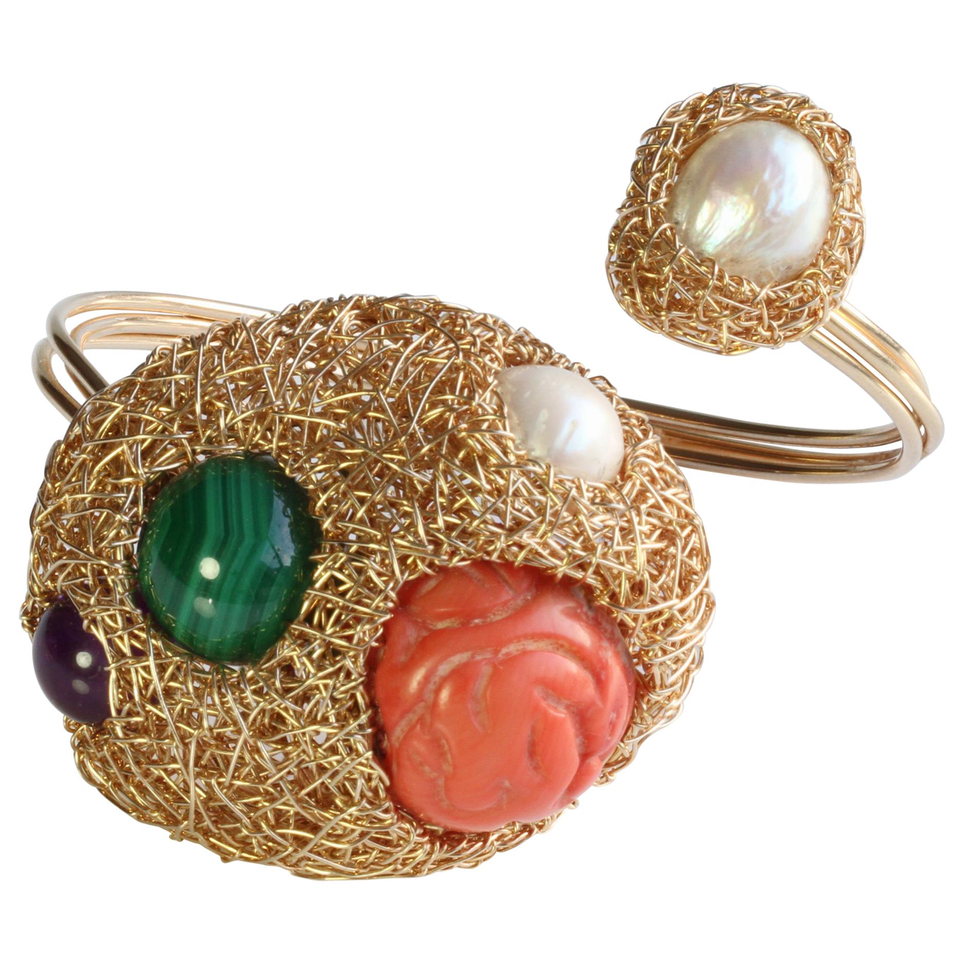 Artist Statement Coral Pearl Amethyst Malachite 14 kt Y Gold F Cocktail Cuff  For Sale