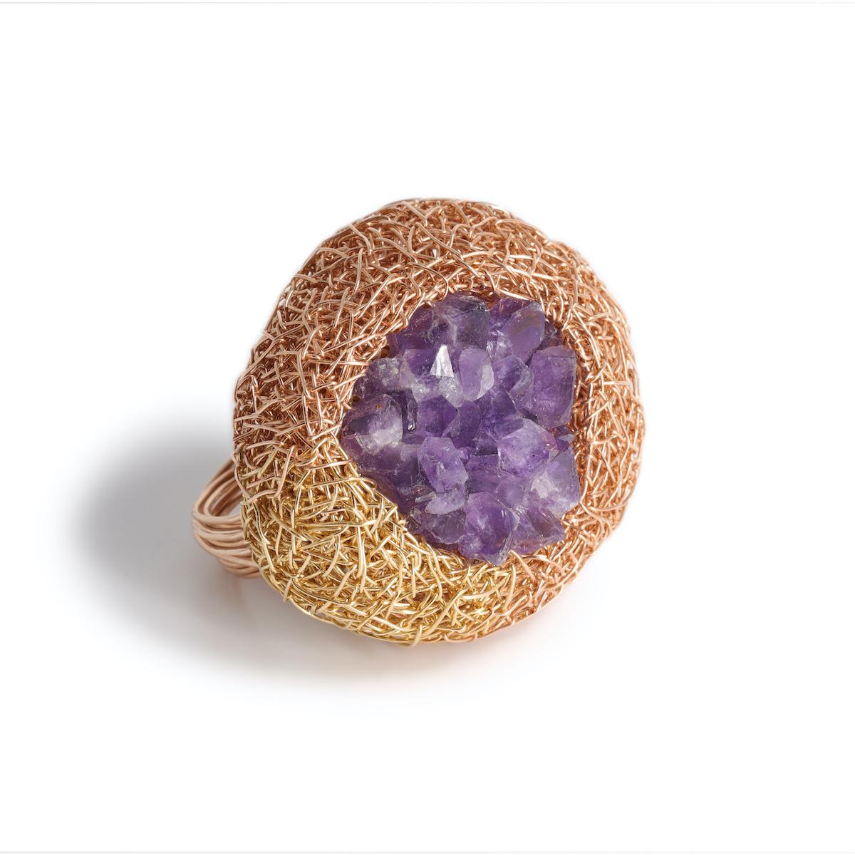 Artist Statement Raw Stone Ring 14k Gold F Amethyst Woven Cocktail Jewel For Sale 3