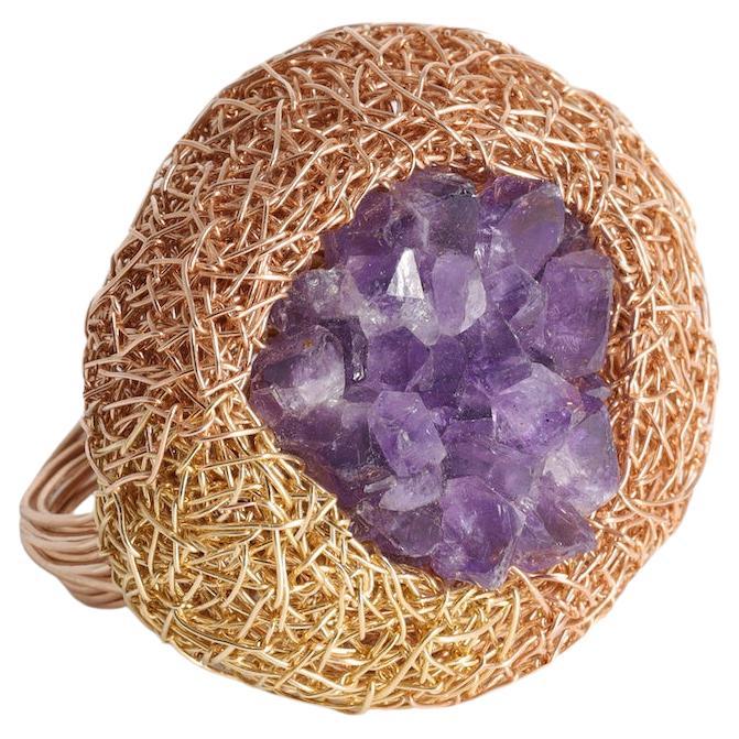 Artist Statement Raw Stone Ring 14k Gold F Amethyst Woven Cocktail Jewel For Sale