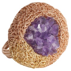 Used Artist Statement Raw Stone Ring 14k Gold F Amethyst Woven Cocktail Jewel