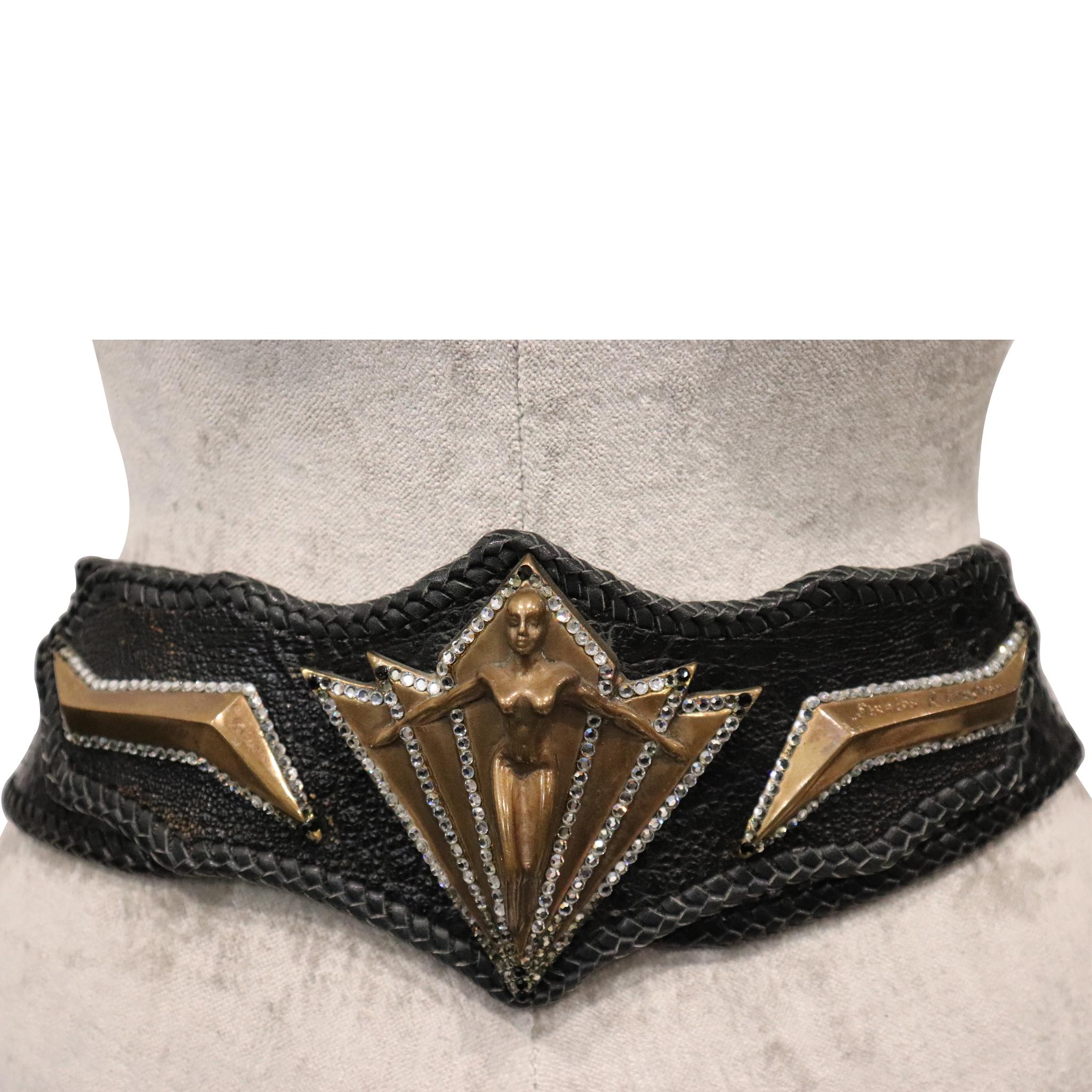 Artist Stratos R. Christoph Bronze Woman Leather Belt W/ Rhinestone Trim. VERY RARE  vintage belt from 1990s in excellent condition 

Measurements: 

Longest length - 33 inches
Shortest length - 30.8 inches 
Height - 4.3 inches 