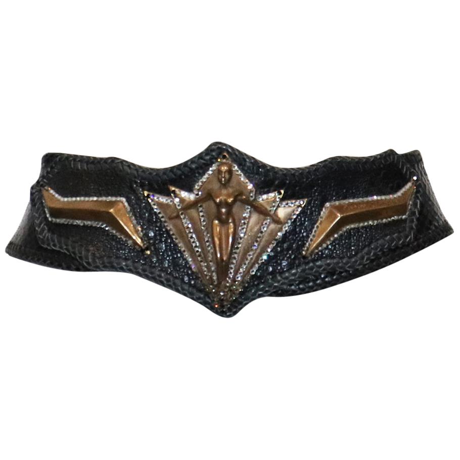 Artist Stratos R. Christoph Bronze Woman Leather Belt W/ Rhinestone Trim