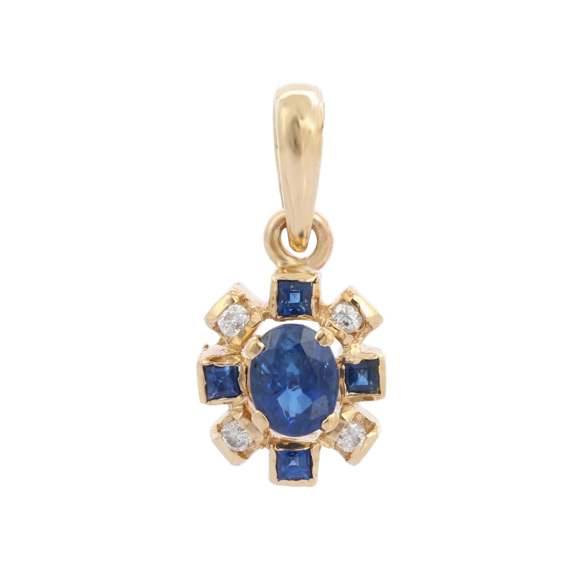 Natural Blue Sapphire pendant in 14K Gold. It has square and oval cut sapphires studded with diamonds that completes your look with a decent touch. Pendants are used to wear or gifted to represent love and promises. It's an attractive jewelry piece