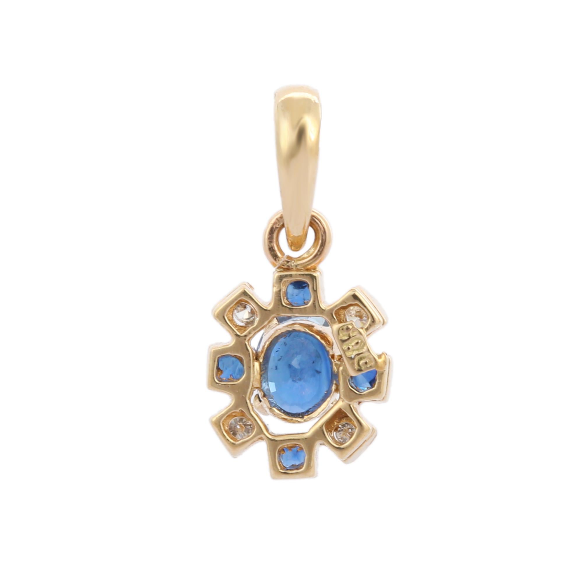 Artist Style Blue Sapphire Floral Pendant in 14K Yellow Gold with Diamonds In New Condition For Sale In Houston, TX