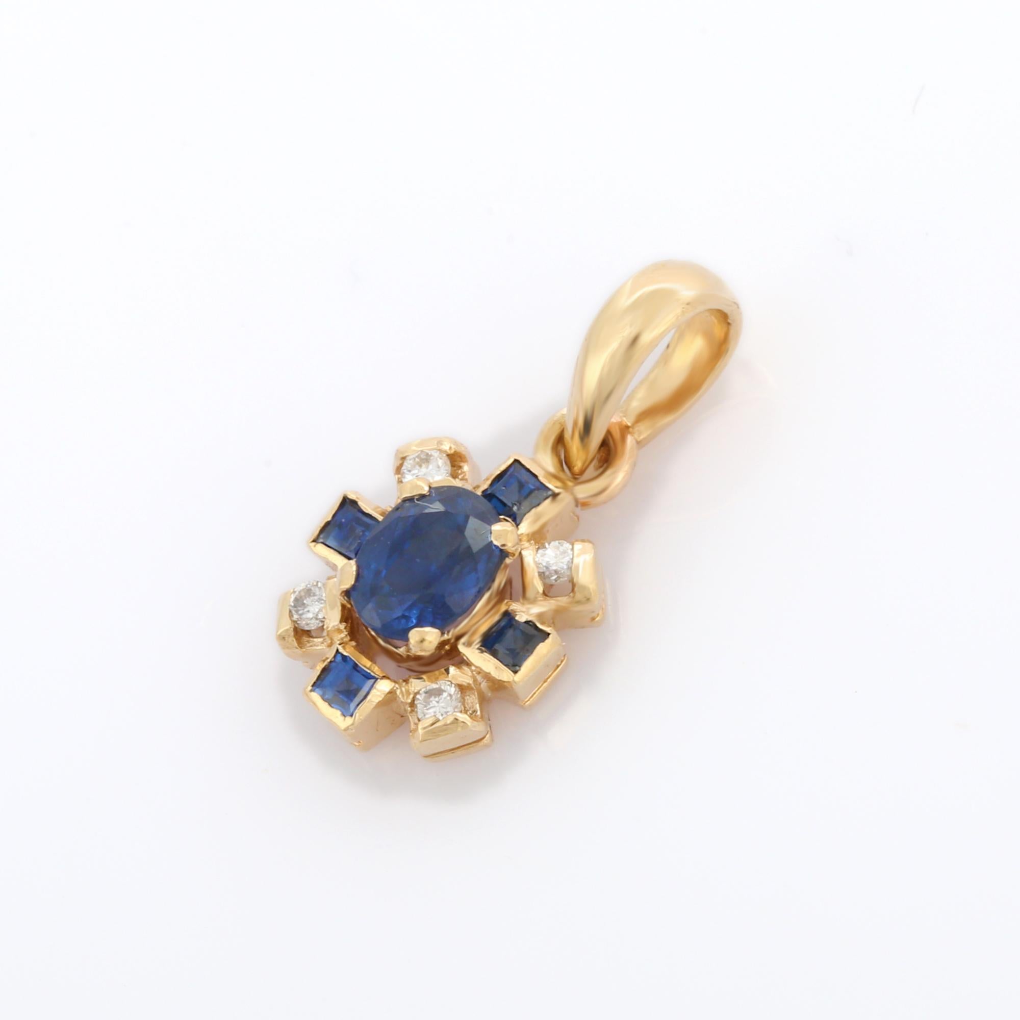 Women's Artist Style Blue Sapphire Floral Pendant in 14K Yellow Gold with Diamonds For Sale