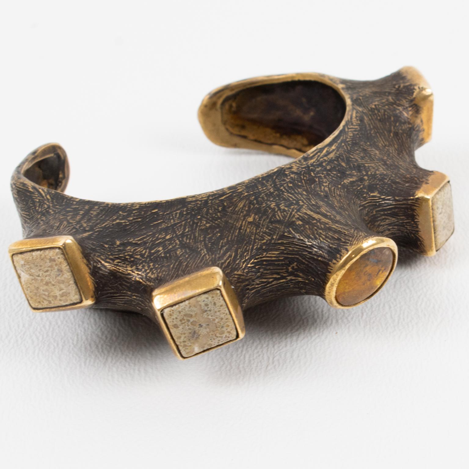Modernist Artist Unique Brutalist Bronze Cuff Bracelet with Travertine and Amber Cabochons For Sale
