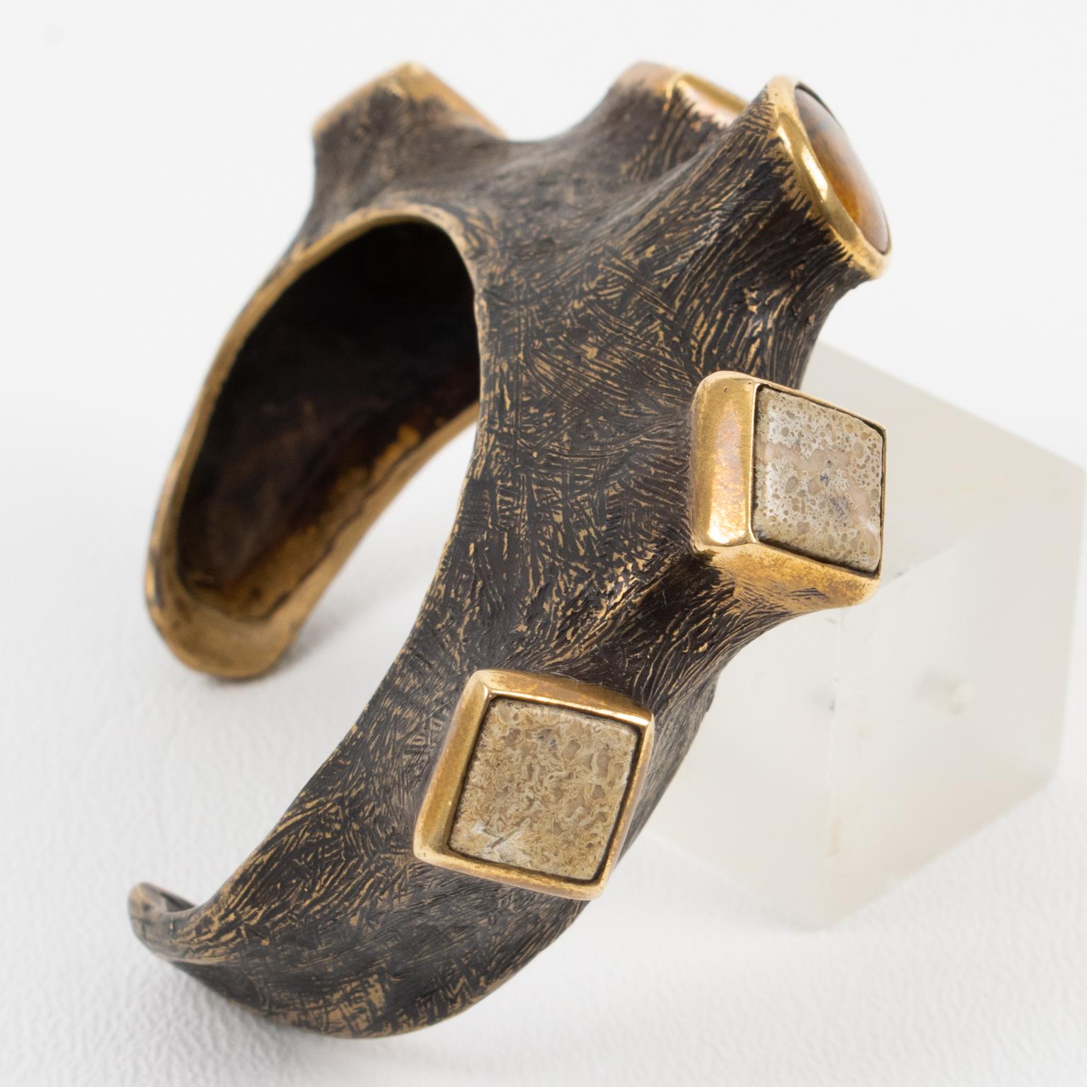 Artist Unique Brutalist Bronze Cuff Bracelet with Travertine and Amber Cabochons In Excellent Condition For Sale In Atlanta, GA