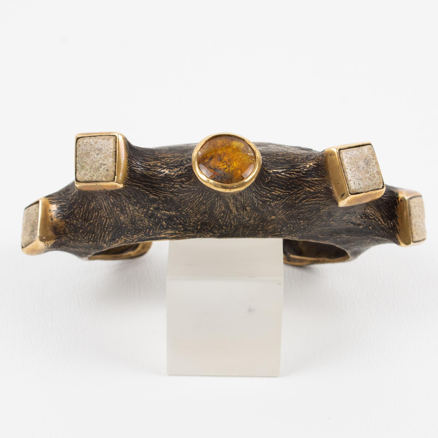 Women's or Men's Artist Unique Brutalist Bronze Cuff Bracelet with Travertine and Amber Cabochons For Sale