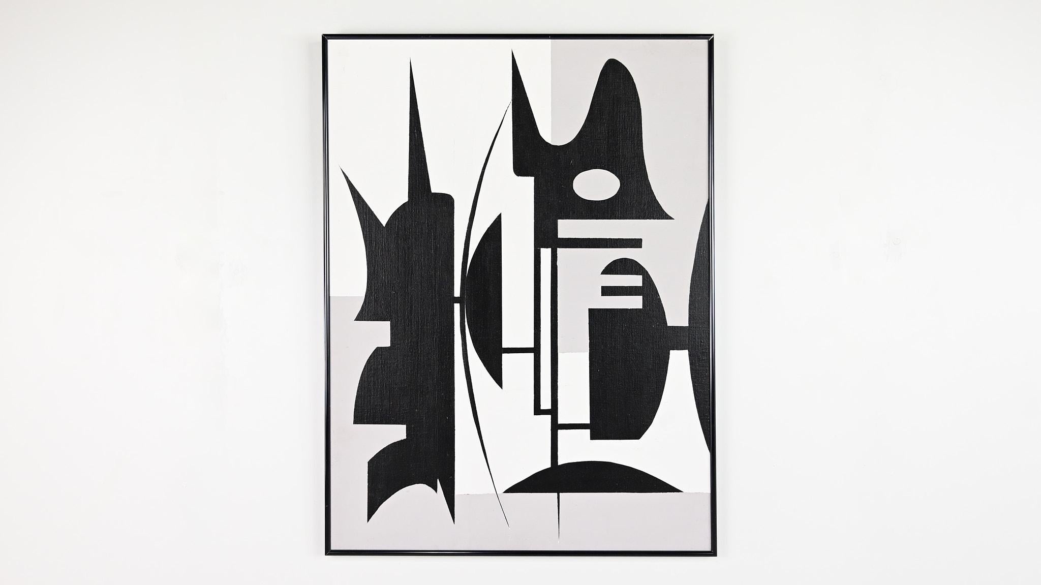 Bellissima composizione astratta in acrilico bianco, grigio e nero. Tela su pannello di legno, in una cornice di alluminio nero  Artista sconosciuto.