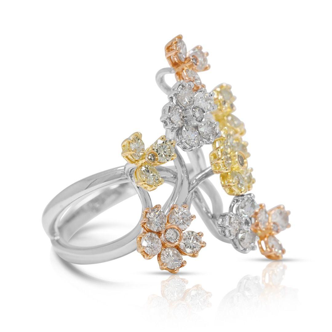 Artistic 1.08ct Natural Diamond Floral Branch Ring in 18K Tri-Color Gold (Rundschliff) im Angebot