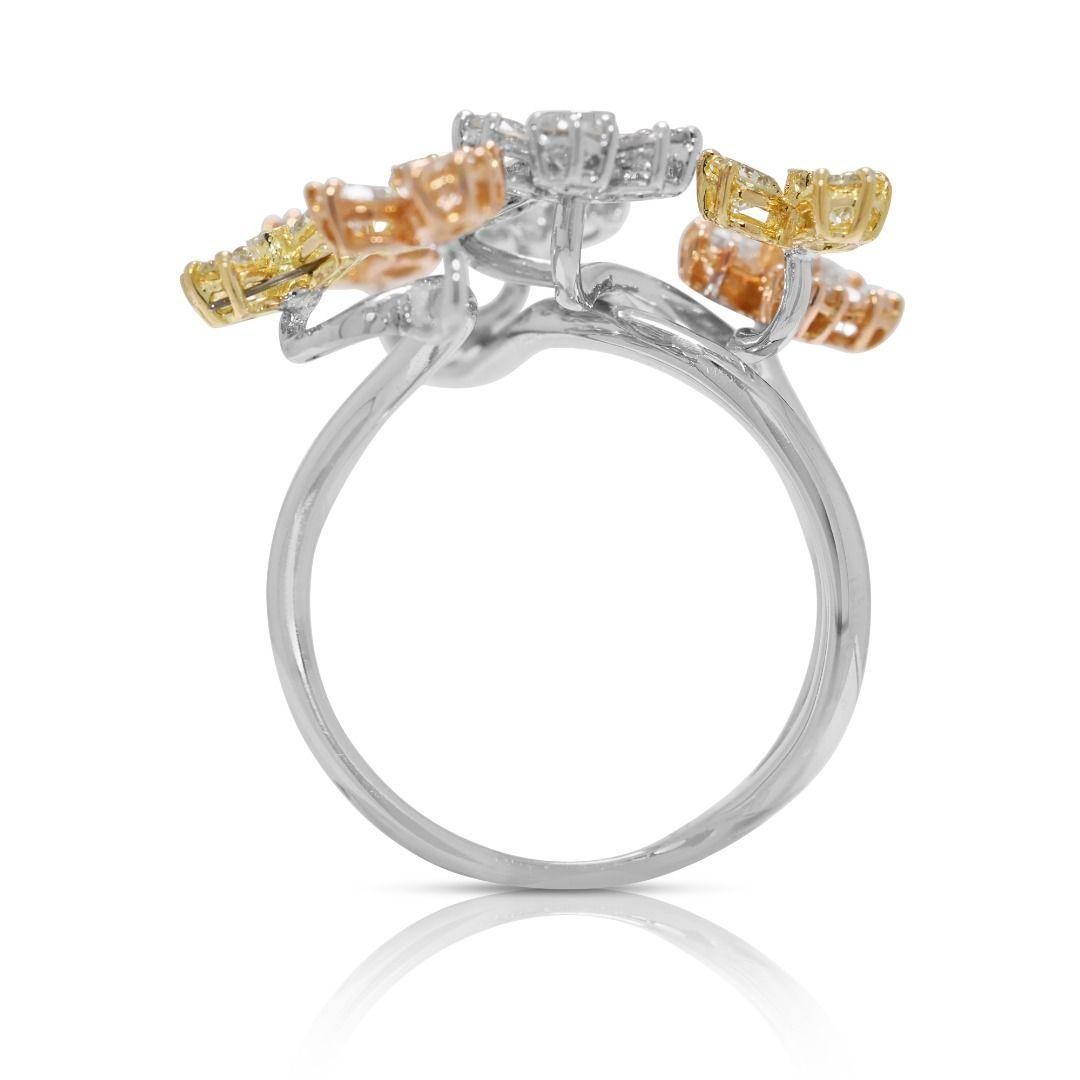 Artistic 1.08ct Natural Diamond Floral Branch Ring in 18K Tri-Color Gold im Angebot 2
