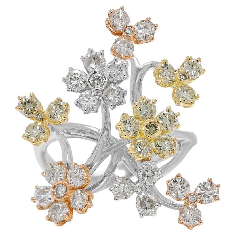 Artistic 1.08ct Natural Diamond Floral Branch Ring in 18K Tri-Color Gold