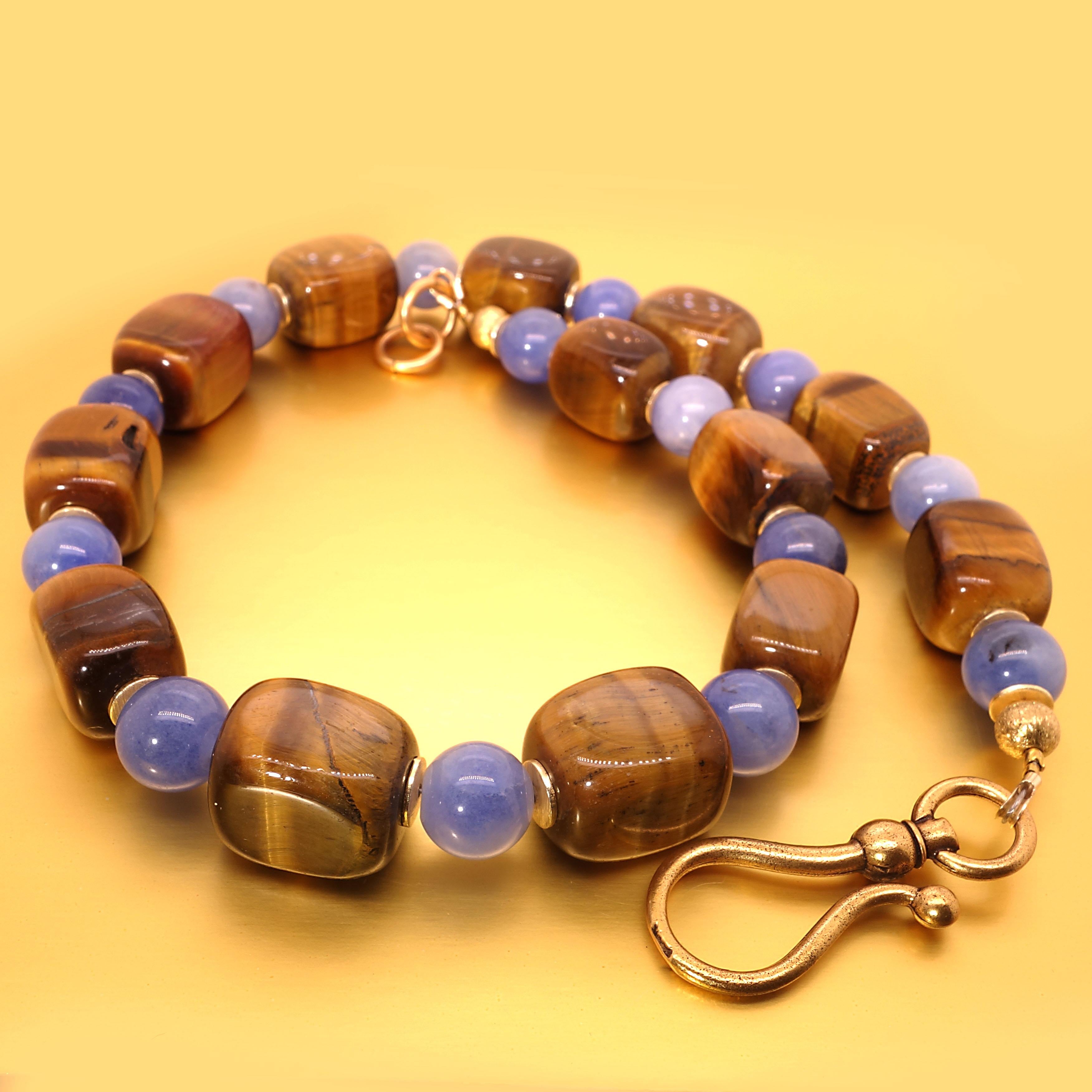 Artisan Artistic Autumn Tone Necklace of Tiger's Eye and Blue Agate