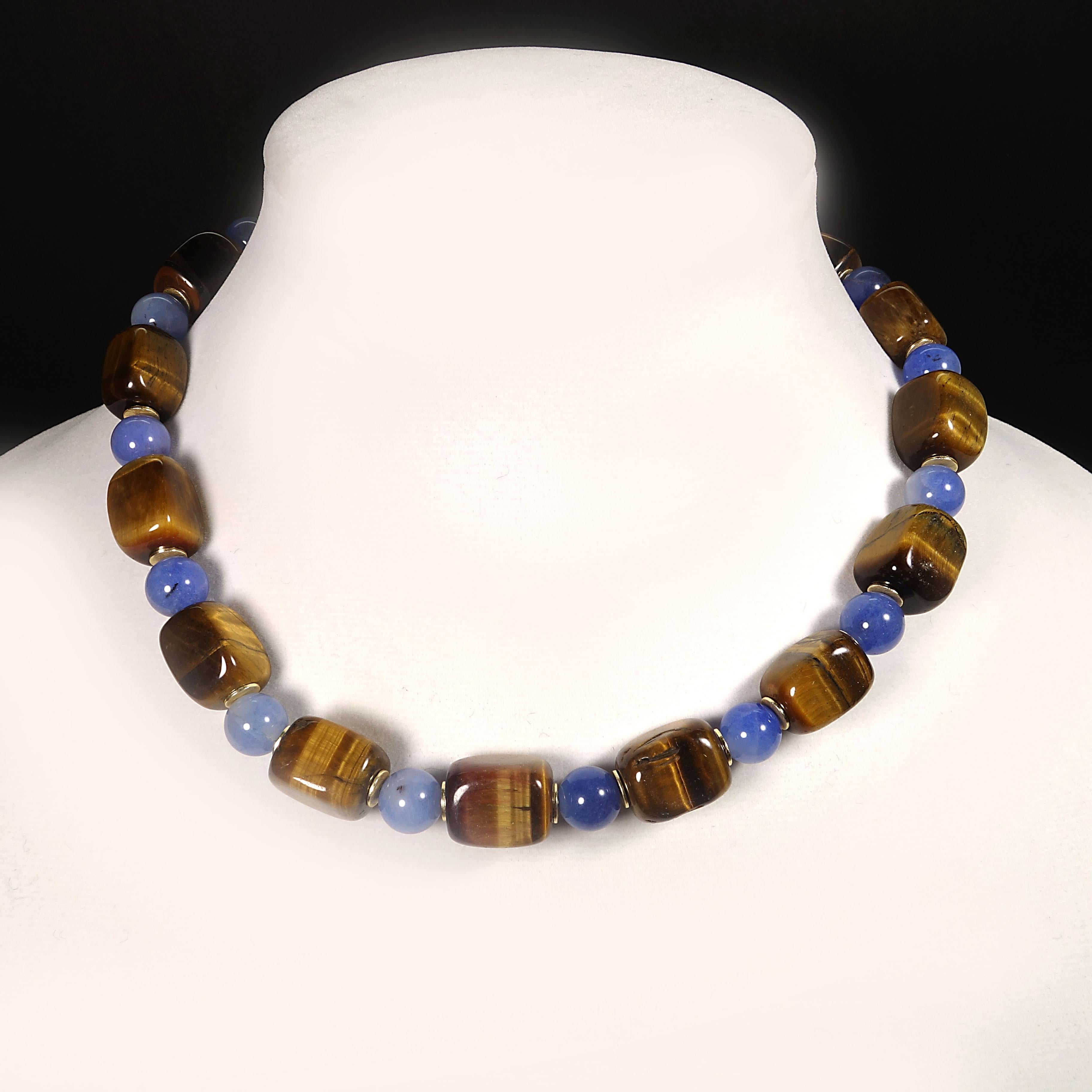 Great Autumn colors of Brown and Blue in this unique necklace of cubed Tiger's Eye and round dyed blue Agate.  These two shapes complement each other and create a very pleasing look especially with the gold tone accents.   These browns and blue will