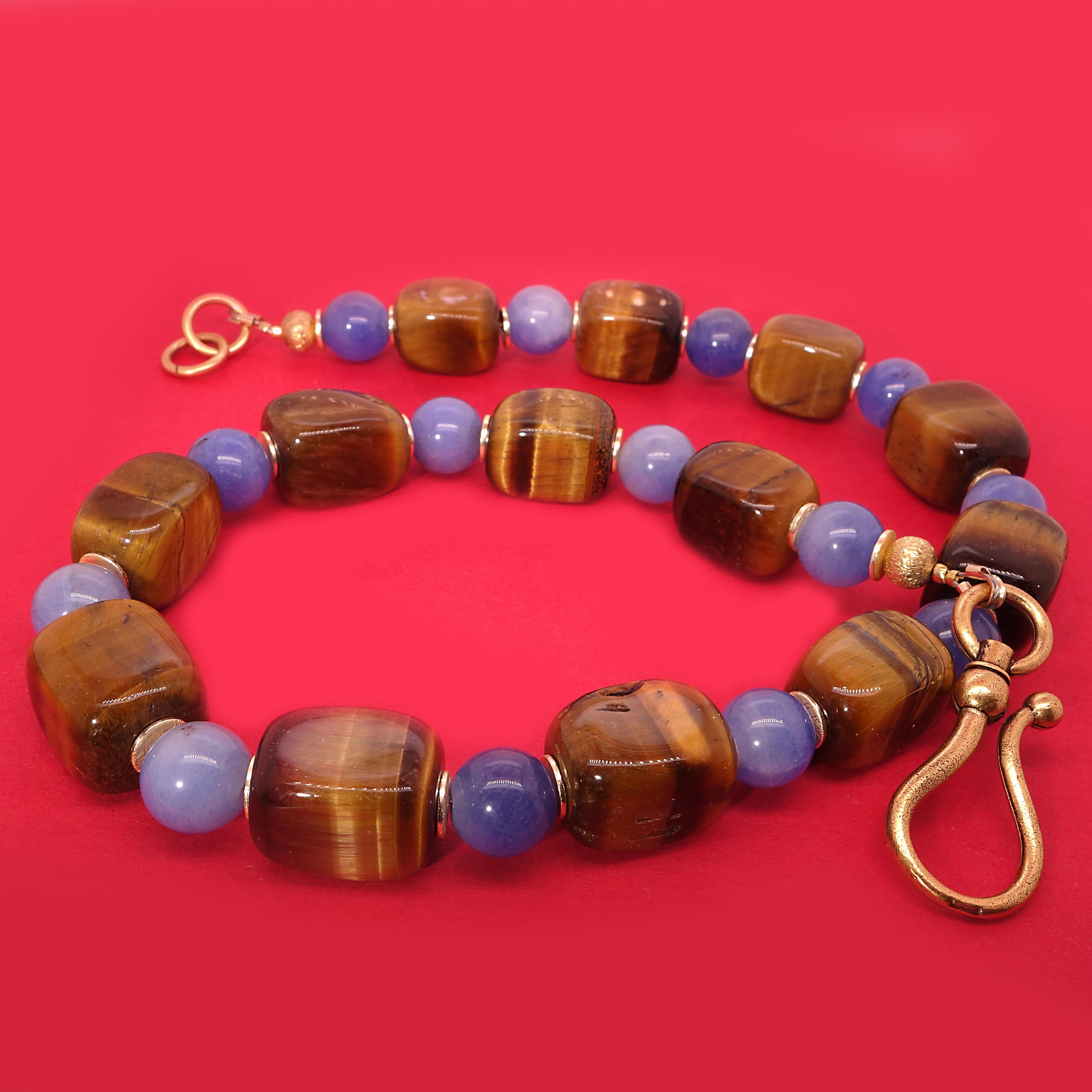 Round Cut Artistic Autumn Tone Necklace of Tiger's Eye and Blue Agate