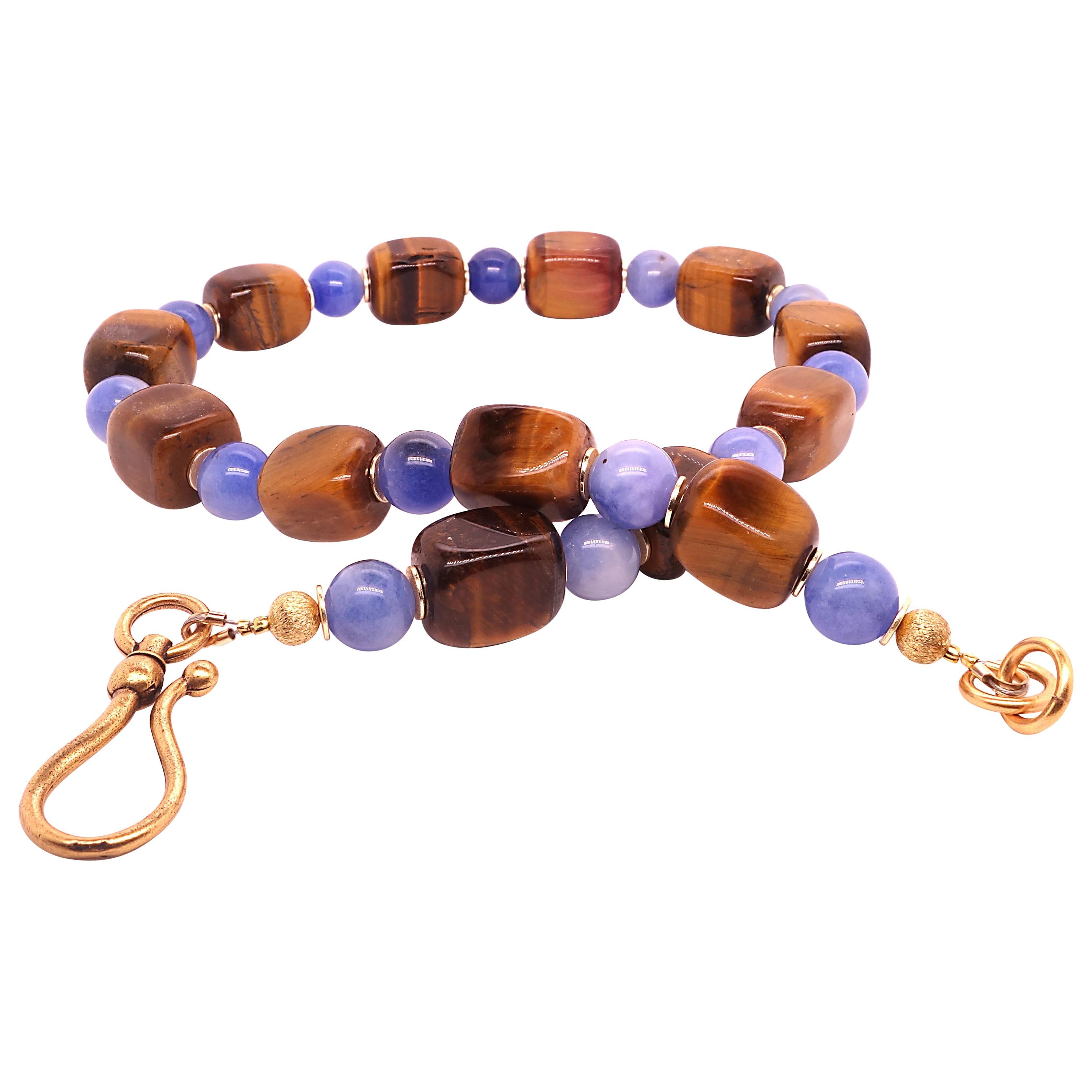 Women's or Men's Artistic Autumn Tone Necklace of Tiger's Eye and Blue Agate