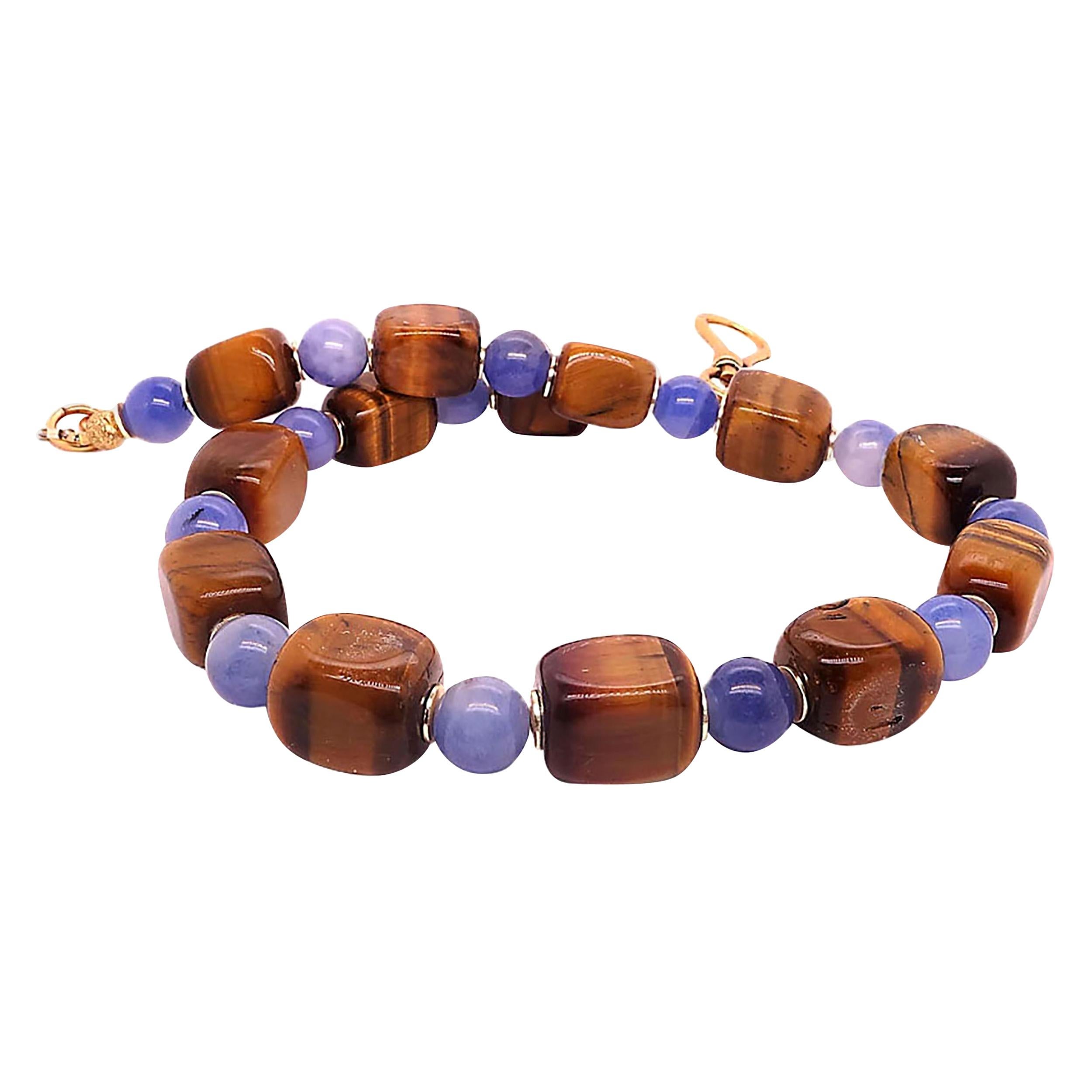 Artistic Autumn Tone Necklace of Tiger's Eye and Blue Agate