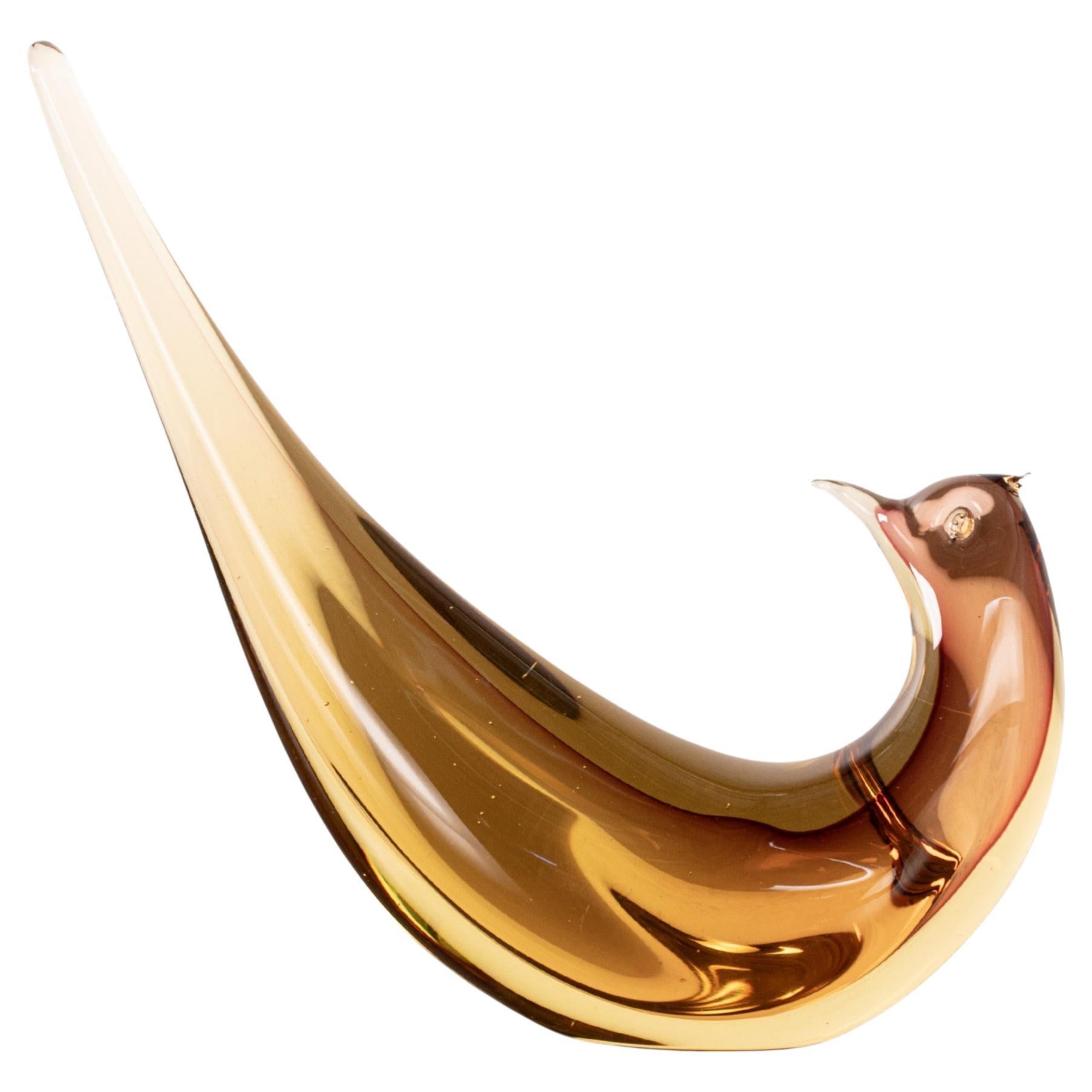 Artistic Bird Sculpture in Amber Formia Murano glass, vintage Italy in stock