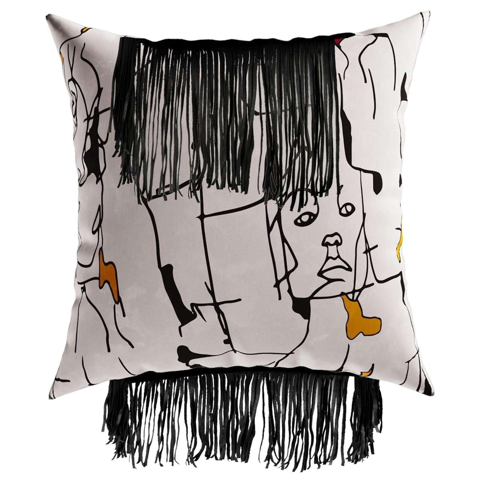 Artistic Black & White Cushion, Face Pattern Velvet Pillow Black Leather Fringes