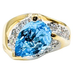 Retro Artistic Blue Topaz & Diamond Cocktail Ring in 18k Gold