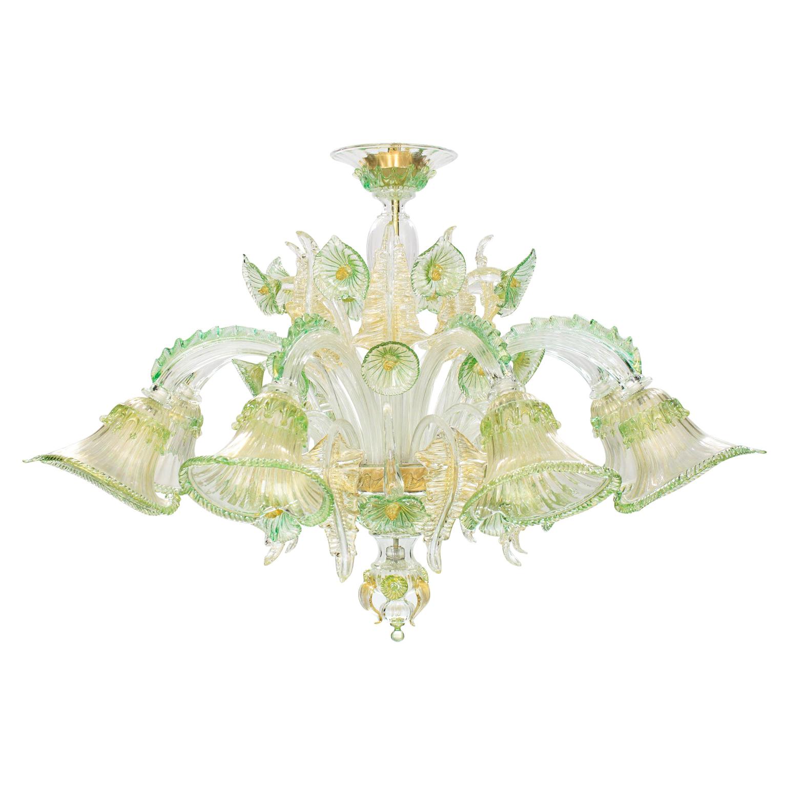 Artistic Ceiling Lamp 8 Arms, Crystal, Green, Gold Murano Glass by Multiforme For Sale