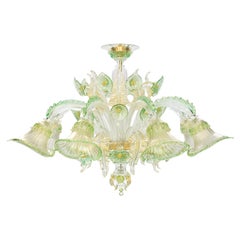 Lampada da soffitto artistica a 8 bracci, cristallo, verde, oro, vetro di Murano di Multiforme