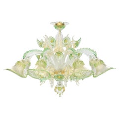 Artistic Ceiling Lamp 8 Arms, Crystal, Green, Gold Murano Glass by Multiforme