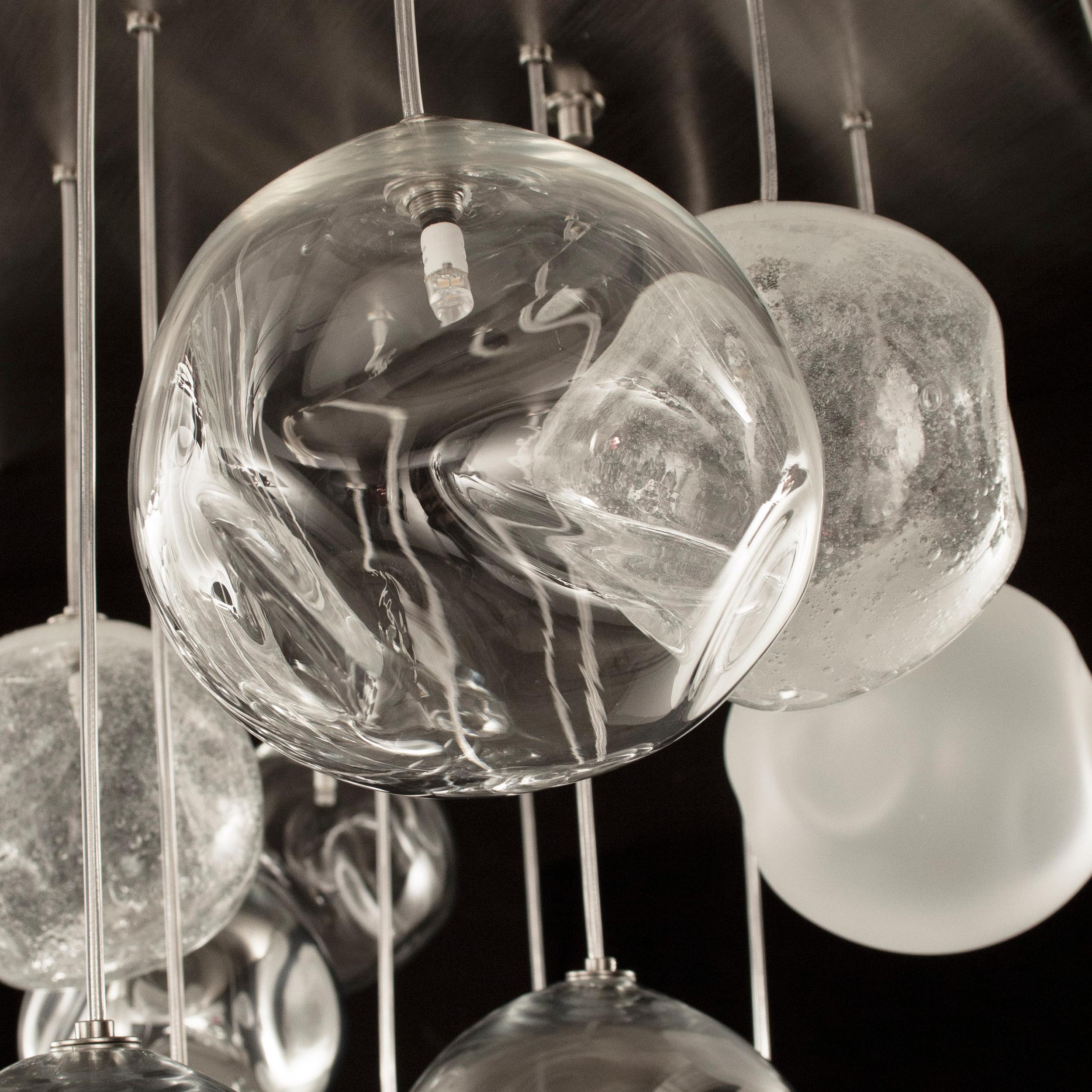 Italian Artistic Ceiling Lighting, Spheres Clear, Satined Mirror, Pulegoso by Multiforme For Sale