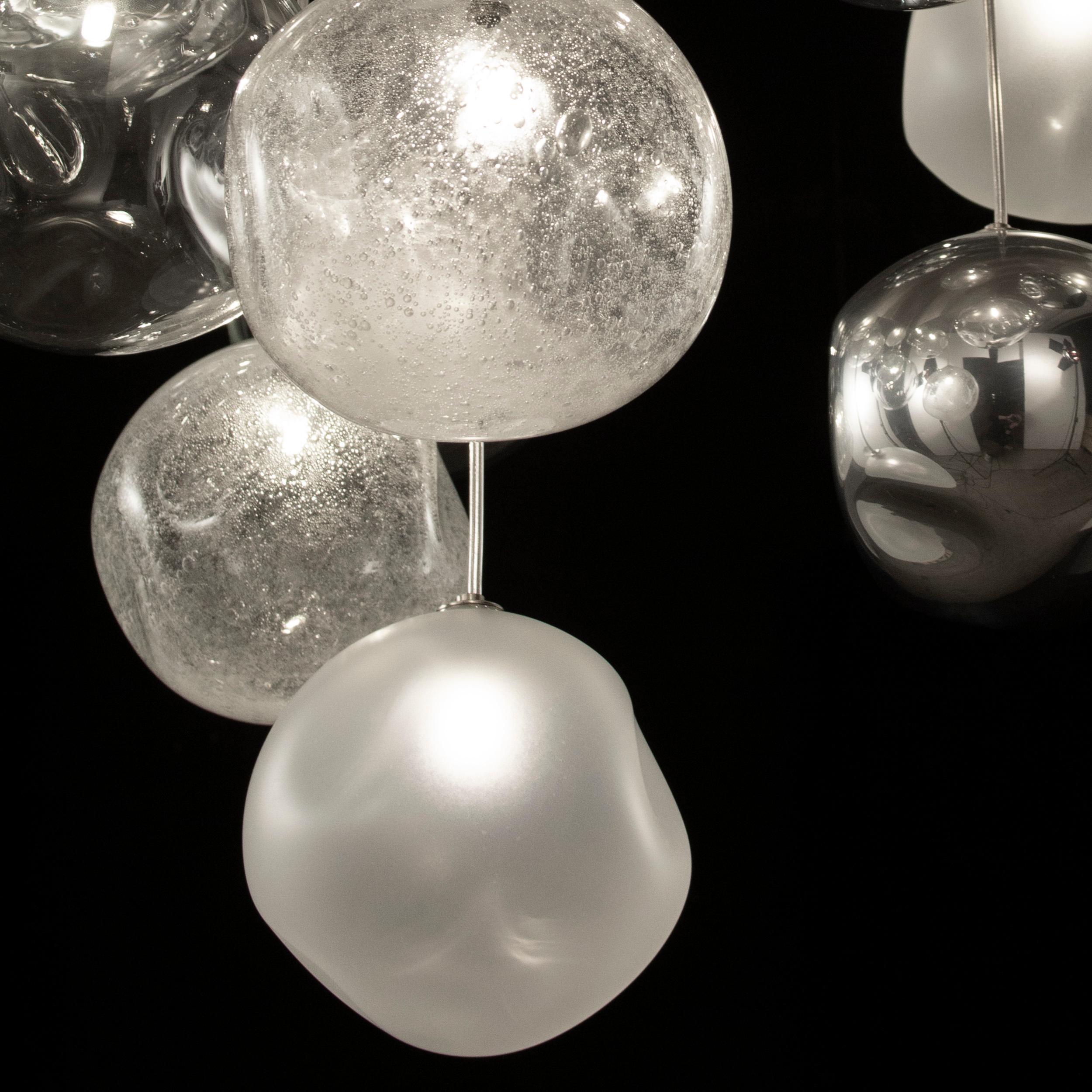 Blown Glass Artistic Ceiling Lighting, Spheres Clear, Satined Mirror, Pulegoso by Multiforme For Sale