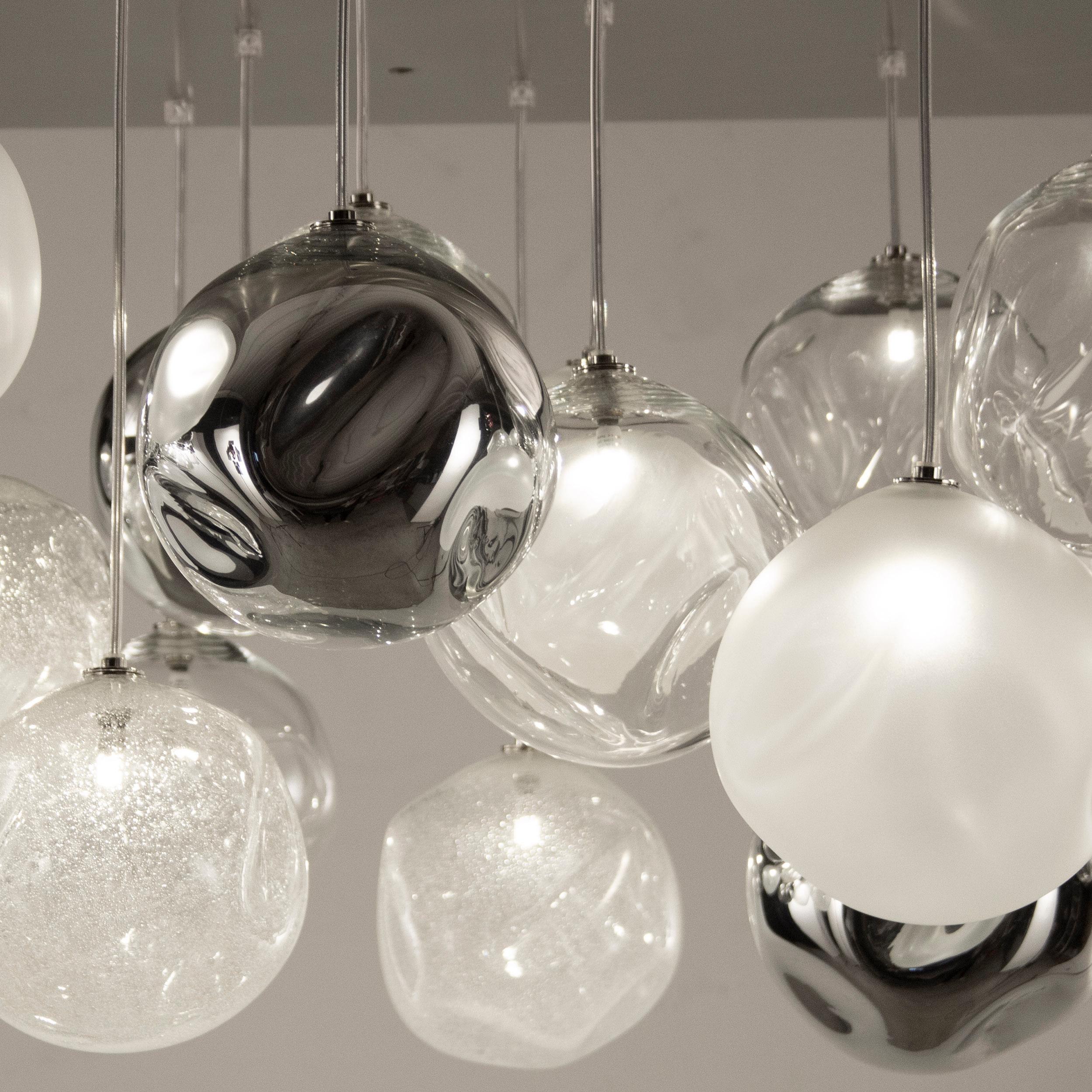 Blown Glass Artistic Ceiling Lighting, Spheres Clear, Satined, Mirror, Pulegoso by Multiforme For Sale