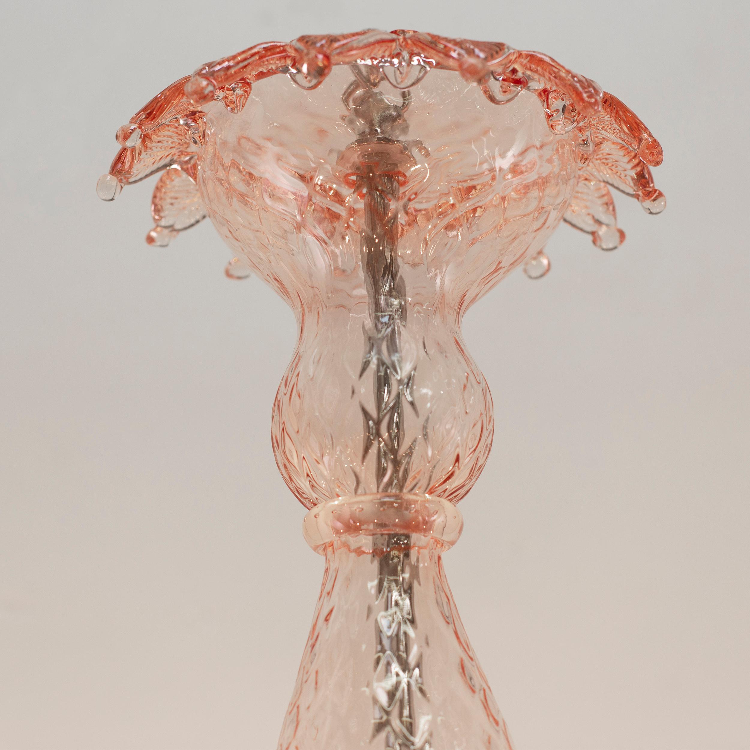 Italian Artistic Chandelier 10arms Pink Murano Glass White Flowers by Multiforme For Sale