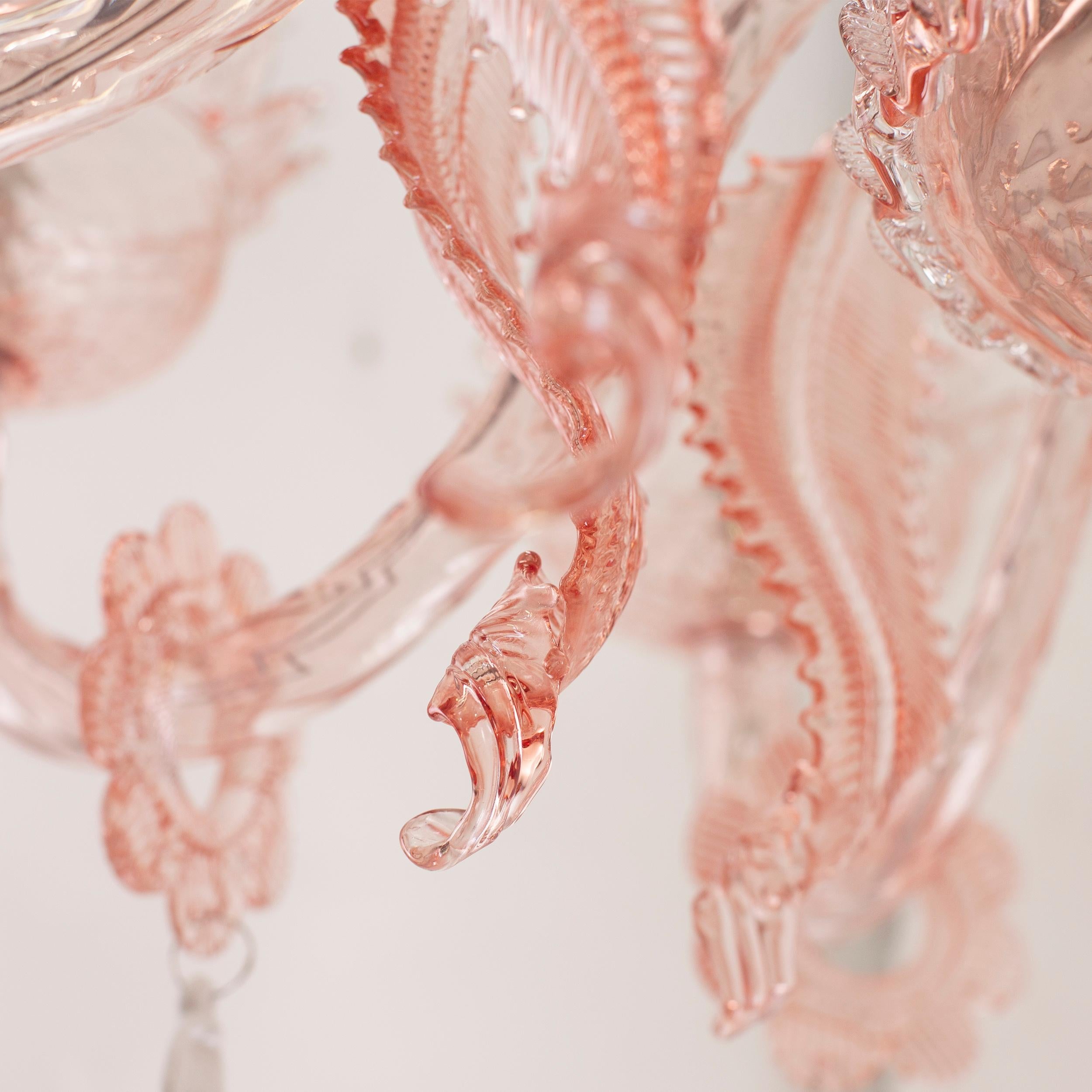Artistic Chandelier 10arms Pink Murano Glass White Flowers by Multiforme In New Condition For Sale In Trebaseleghe, IT