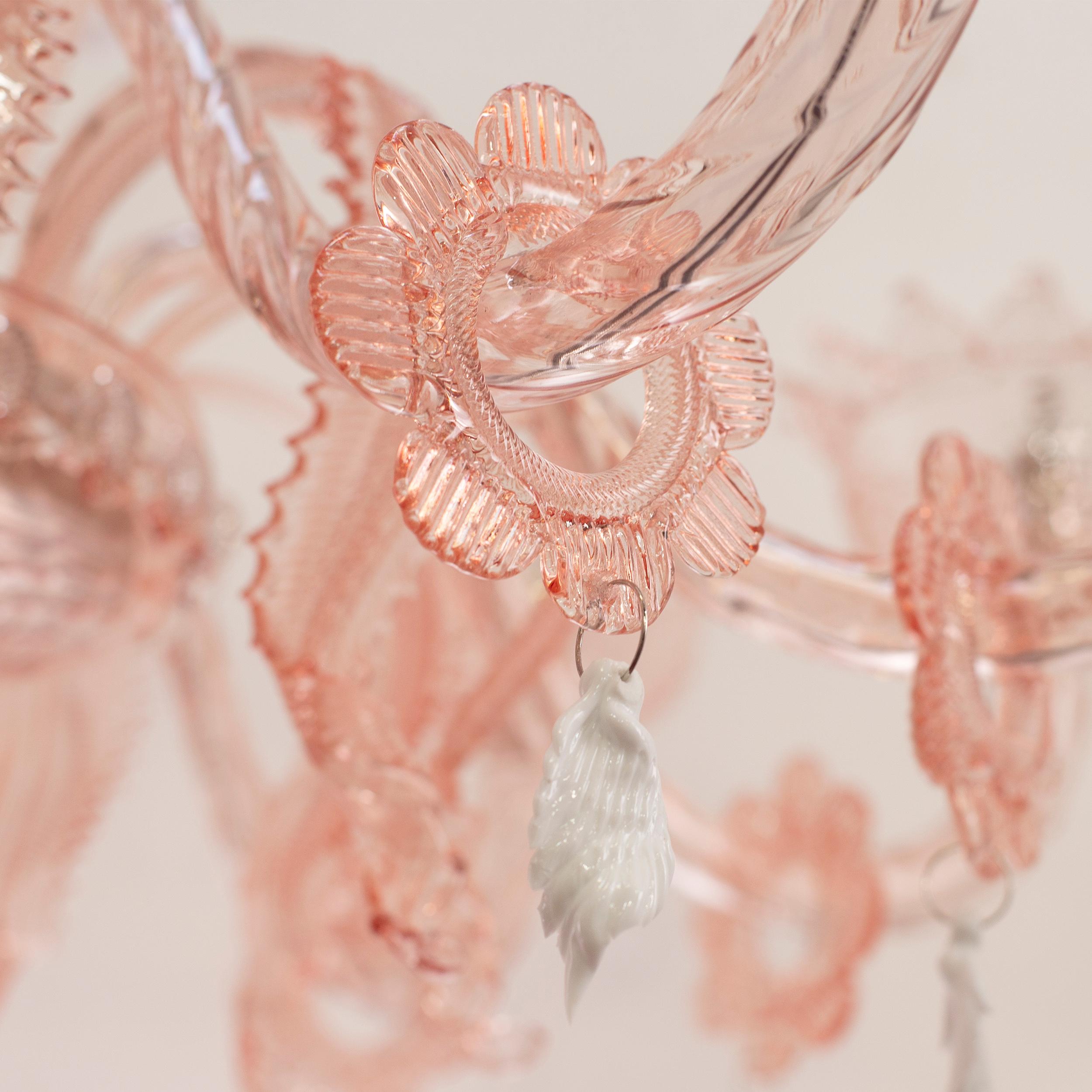Contemporary Artistic Chandelier 10arms Pink Murano Glass White Flowers by Multiforme For Sale