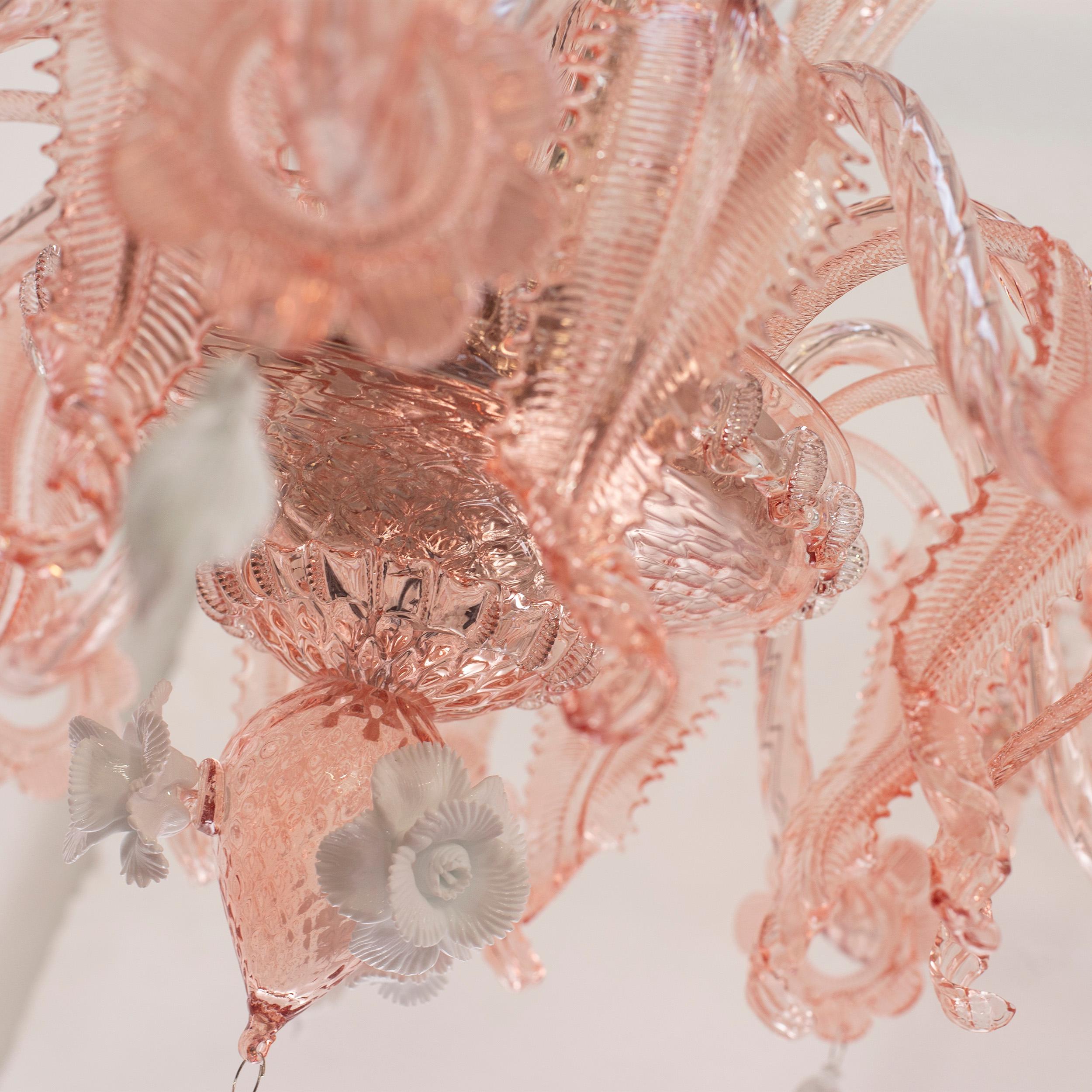Blown Glass Artistic Chandelier 10arms Pink Murano Glass White Flowers by Multiforme For Sale