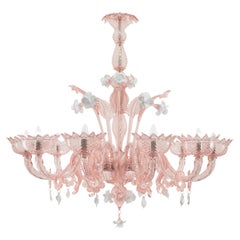 Künstlerischer Kronleuchter mit 10 Armen aus rosa Muranoglas und weißen Blumen von Multiforme