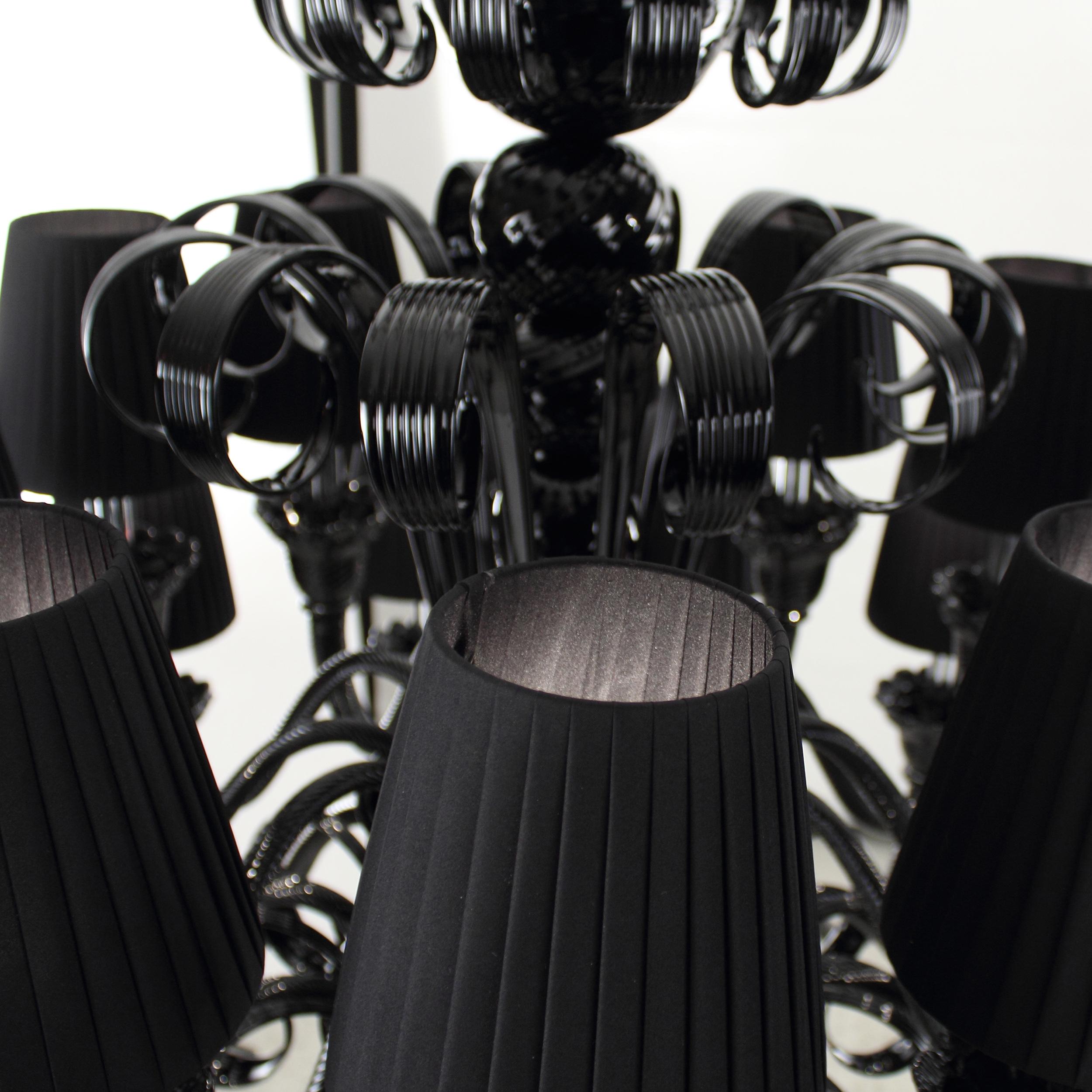 Blown Glass Artistic Chandelier 12+12 Arms Black Murano Glass, Lampshades IKO by Multiforme For Sale