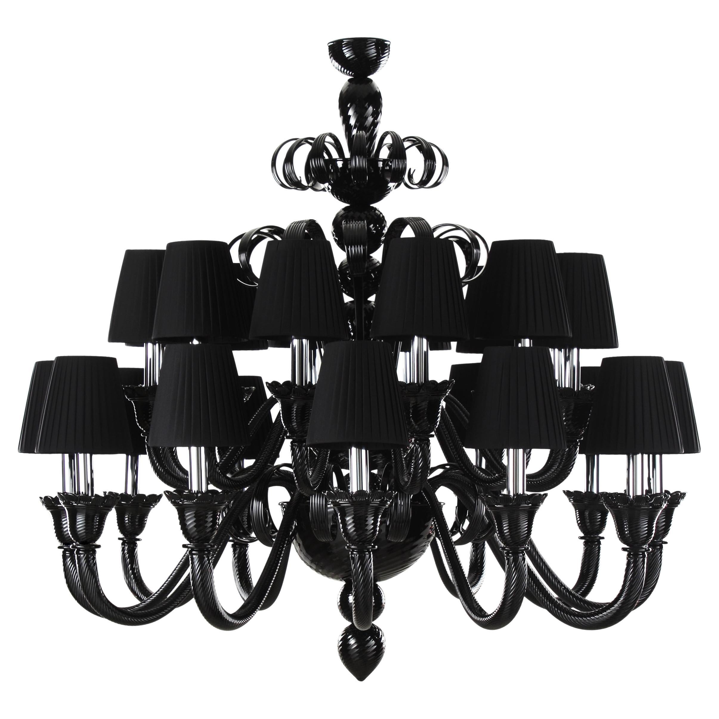 Der künstlerische Kronleuchter 12+12 Arms aus schwarzem Muranoglas, Lampenschirme IKO von Multiforme im Angebot
