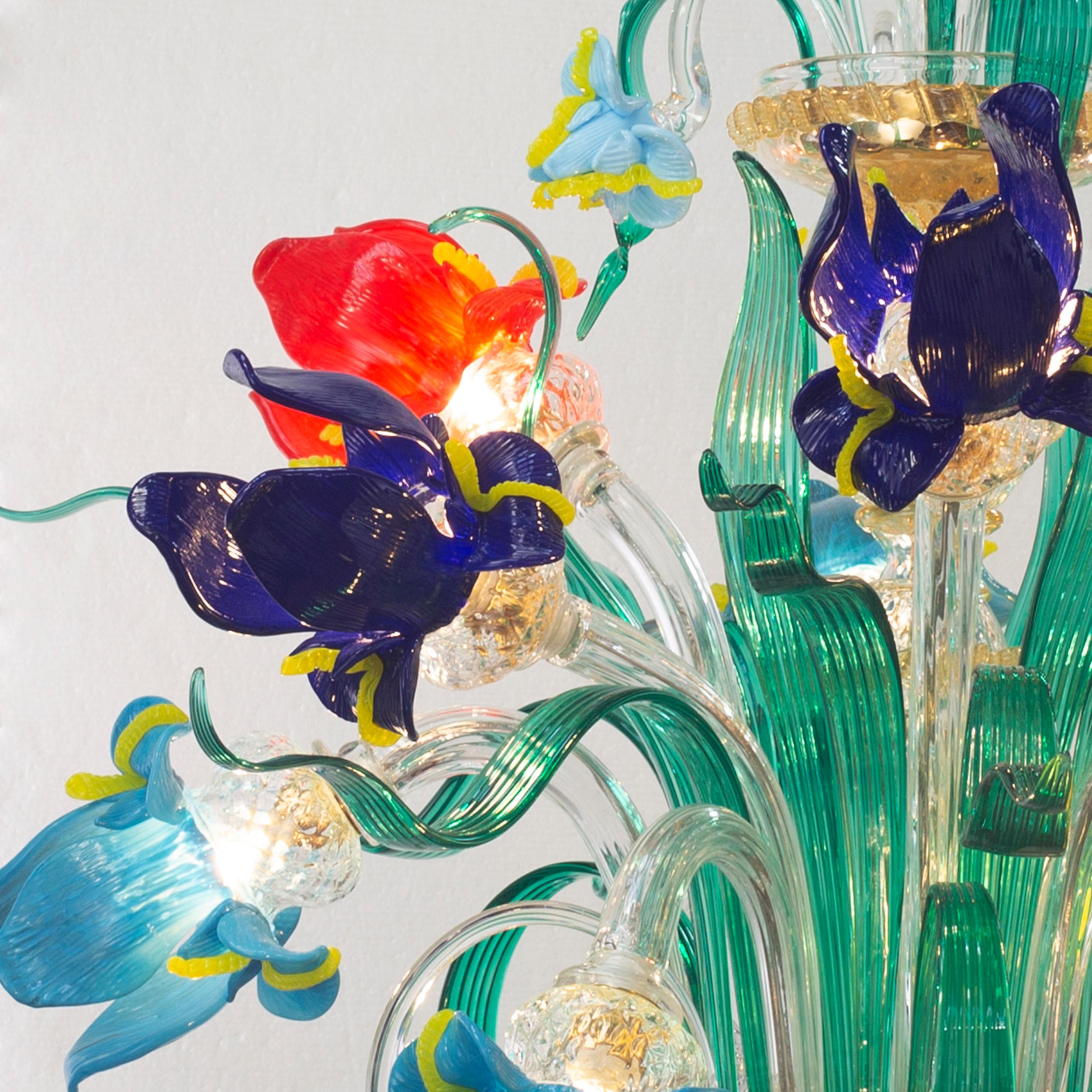 Contemporary Artistic chandelier 12Arms clear-polychrome Murano Glass Iris by Multiforme For Sale