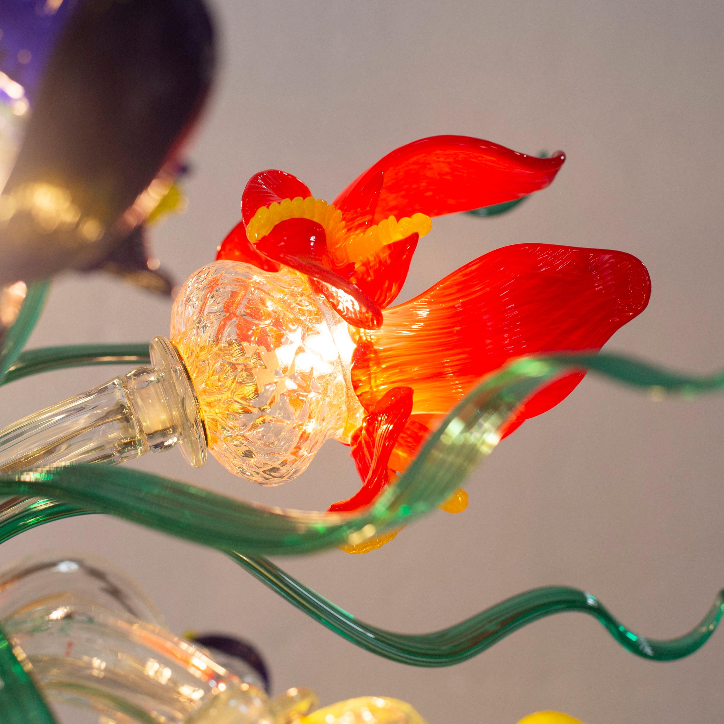 Blown Glass Artistic chandelier 12Arms clear-polychrome Murano Glass Iris by Multiforme For Sale