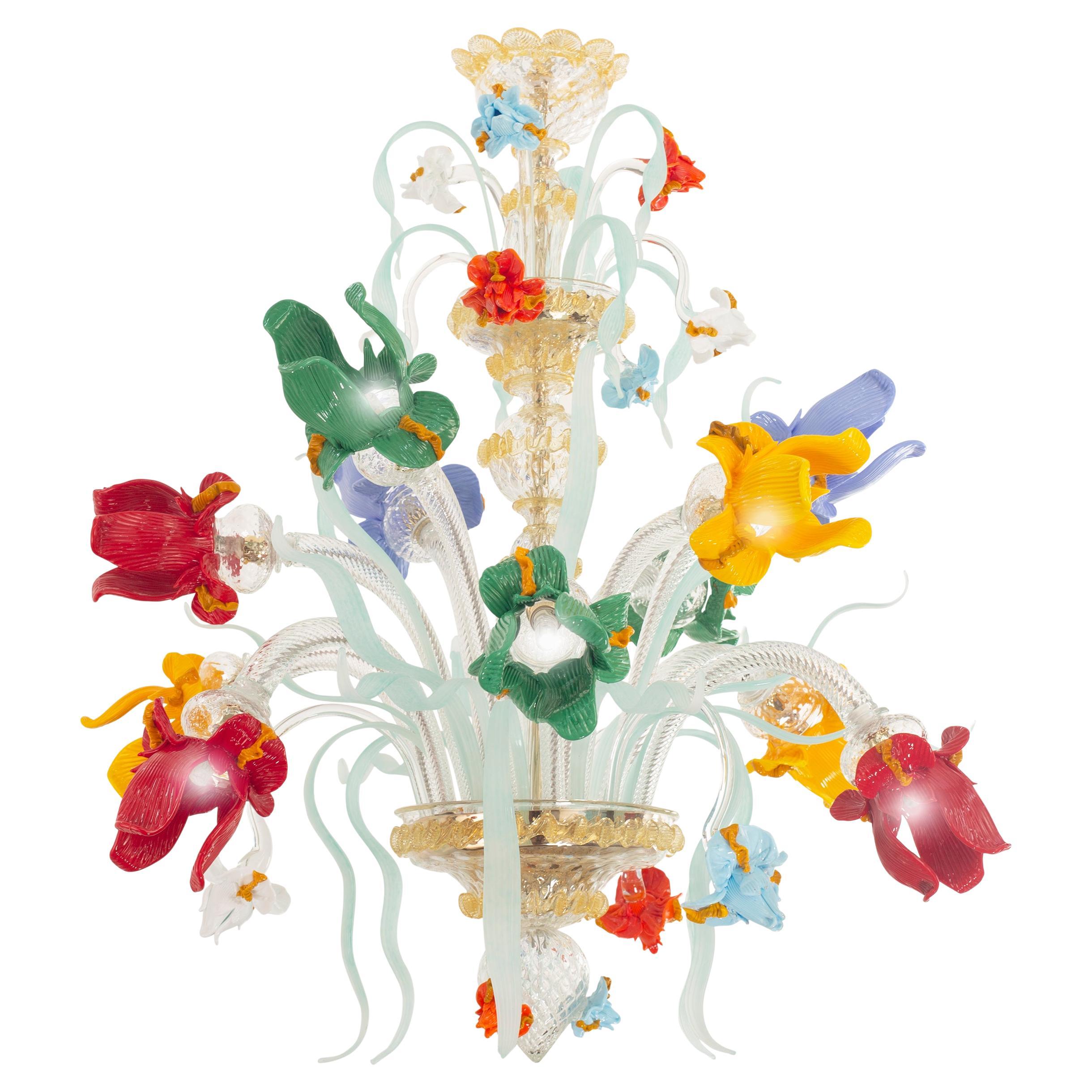 Lustre artistique 12 bras en verre de Murano transparent-polychrome Iris par Multiforme en vente