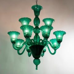 Artistic Chandelier 12arms in Green Murano Glass by Multiforme, Made in Italy