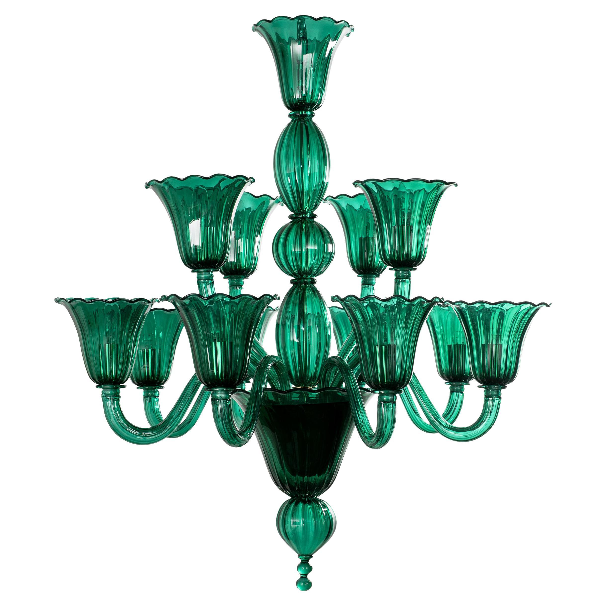 Araña artística de 12 brazos en cristal de Murano verde de Multiforme, Made in Italy