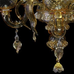 Artistic Chandelier 5 Arms Amber Murano Glass, Gold Details by Multiforme
