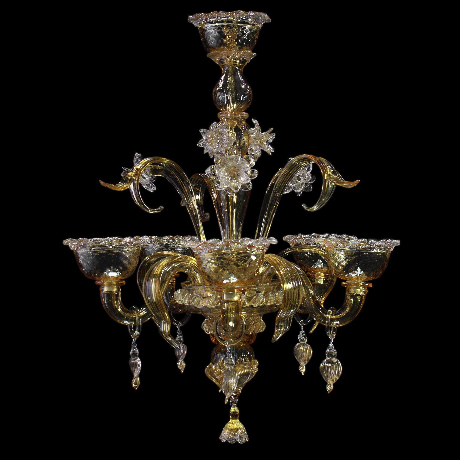 Contemporary Artistic Chandelier 5 Arms Amber Murano Glass, Gold Details by Multiforme For Sale