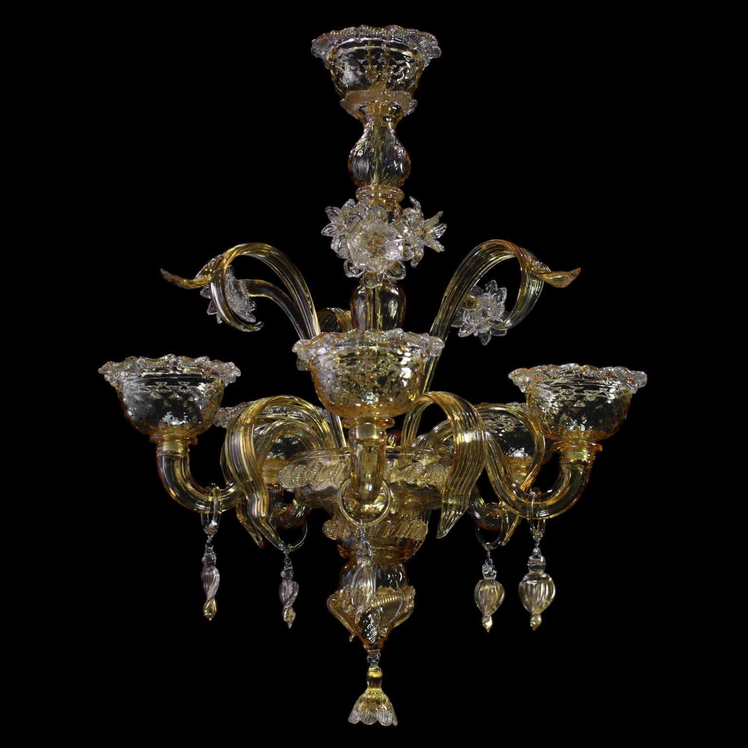 Blown Glass Artistic Chandelier 5 Arms Amber Murano Glass, Gold Details by Multiforme For Sale